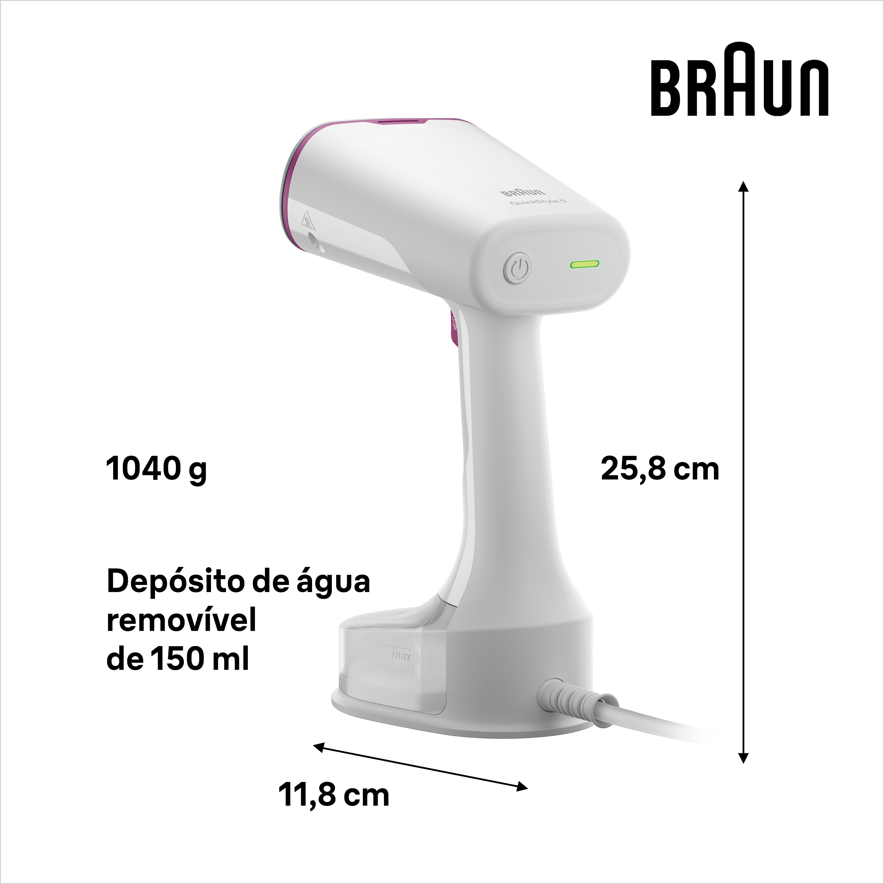 Ferro a Vapor Vertical Braun QuickStyle 5 GS5011PU de 0,15L, Vapor 22 g/min, Aquecimento rápido, de 1200W - Branco e Púrpura Branco / Púrpura-3