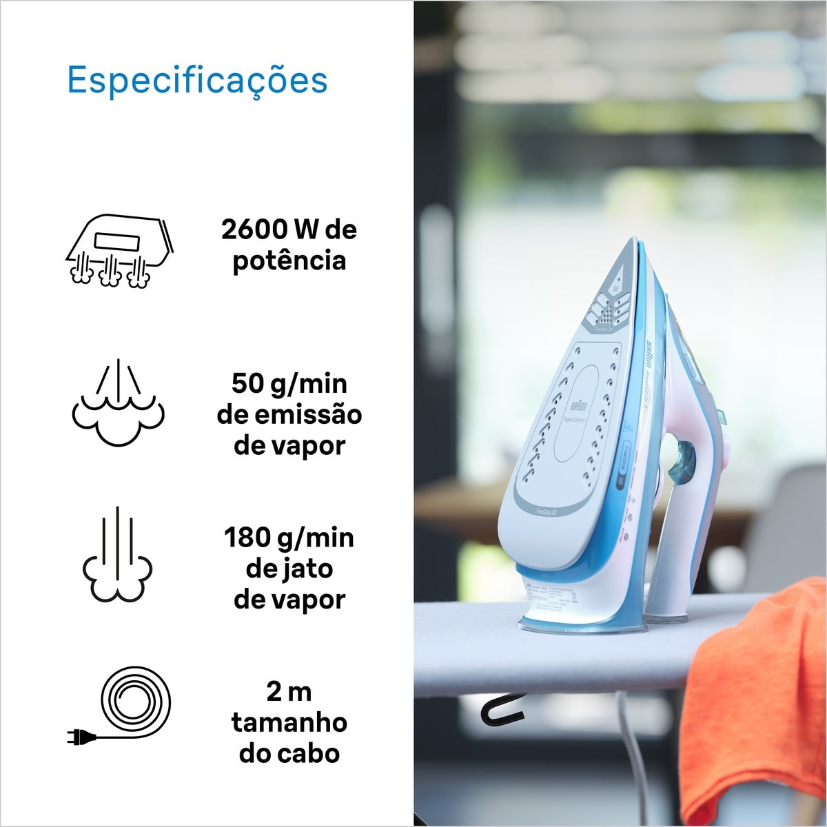 Ferro a Vapor Braun TexStyle 5 SI5006BL de 2600 W Jato de vapor 180 g/min com Base Cerâmica - Branco e Azul Branco / Azul-4