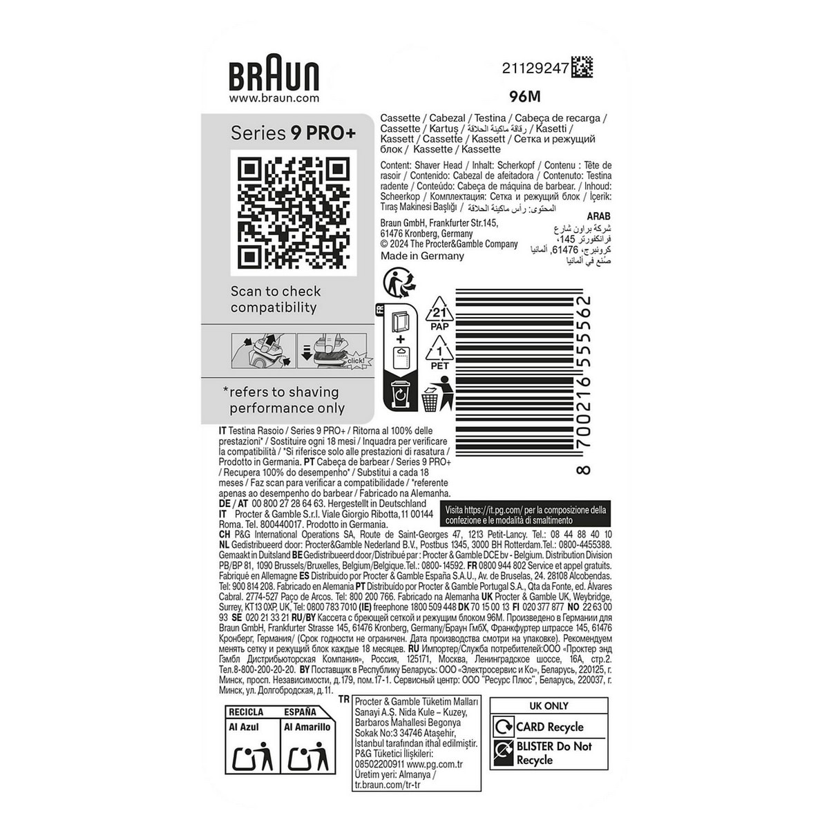 Acessório Recarga Braun 96M para Máquina de Barbear Braun Series 9 Pro+ 2