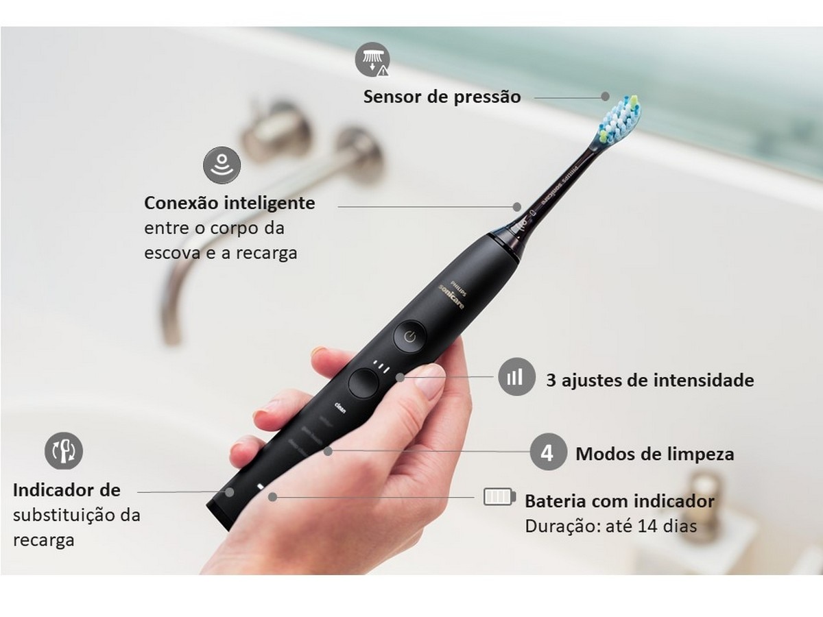 Escova de Dentes Elétrica Premium Philips HX9913/18 - 4 Modos de Limpeza e 3 Níveis de Intensidade, Sensor de Pressão, Estojo de Viagem e Carregador por Indução e 2 Recargas - Preto Preto-6