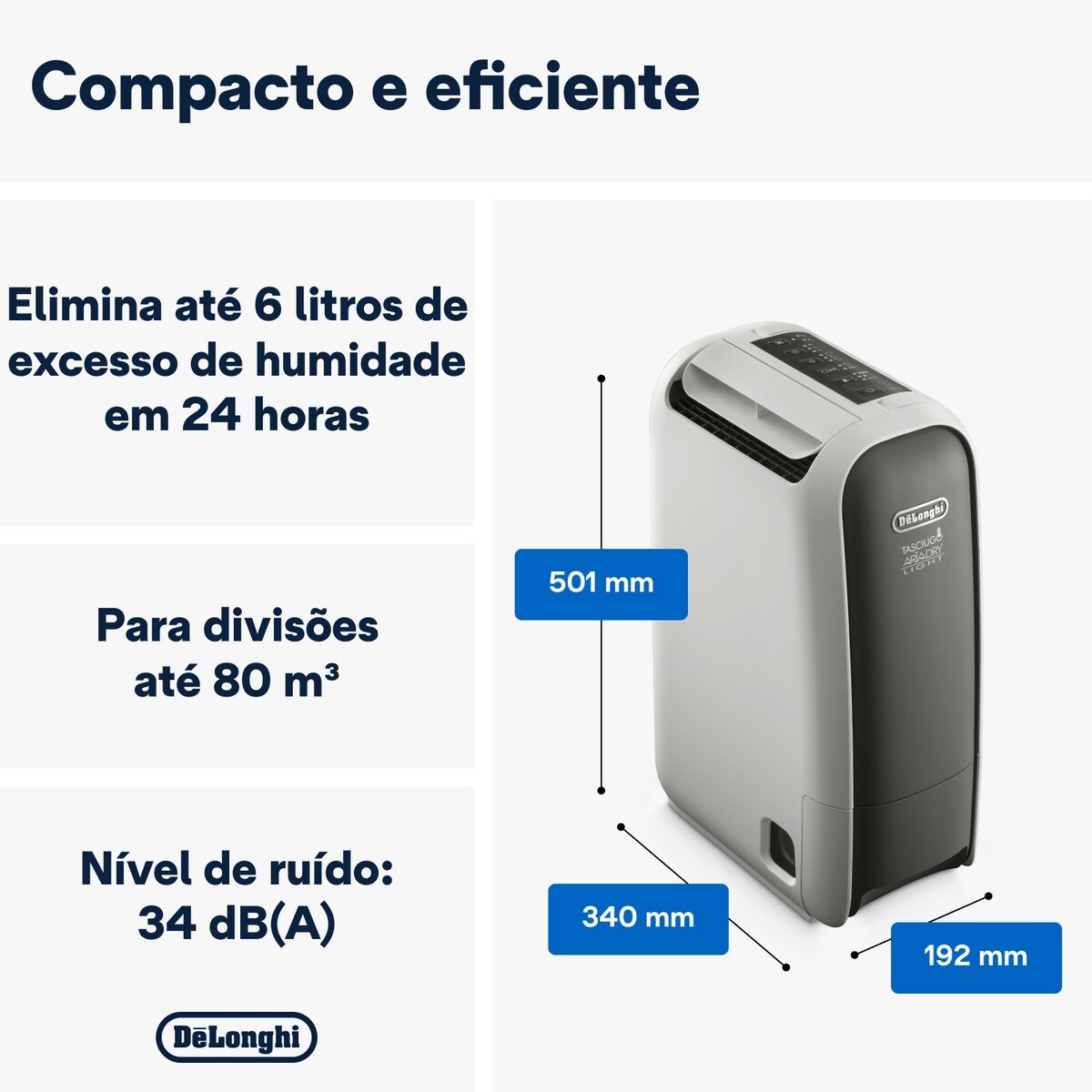 Desumidificador De'Longhi Tasciugo AriaDry Light DNS65 Silencioso com Ionizador de Até 6L/24H Branco / Cinzento-2