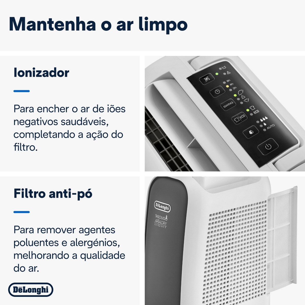 Desumidificador De'Longhi Tasciugo AriaDry Light DNS65 Silencioso com Ionizador de Até 6L/24H Branco / Cinzento-3