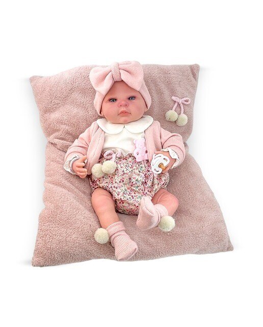 Imagem 0 de Boneca Reborn 50 cm com Casaco Rosa Mecnismo Beijinho e Almofada Rosa