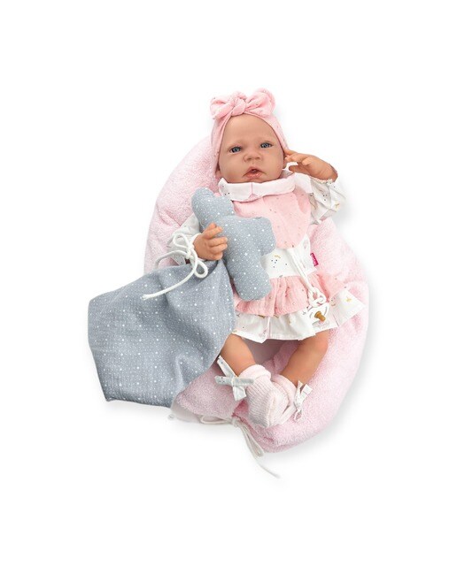Imagem 0 de Bebé Reborn com Vestido Branco e Laço Rosa e Mecanismo de Choro