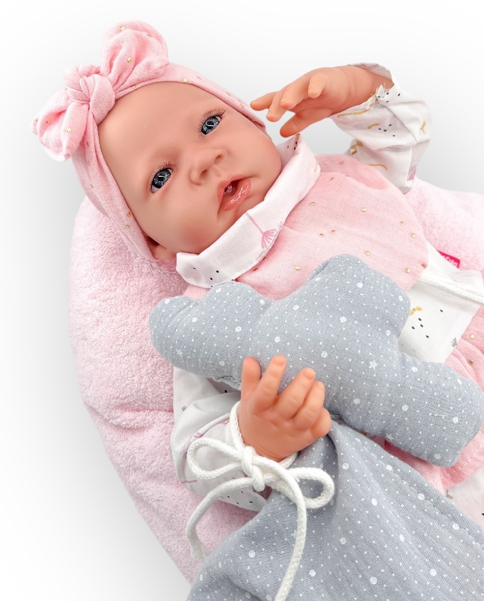 Bebé Reborn com Vestido Branco e Laço Rosa e Mecanismo de Choro 2