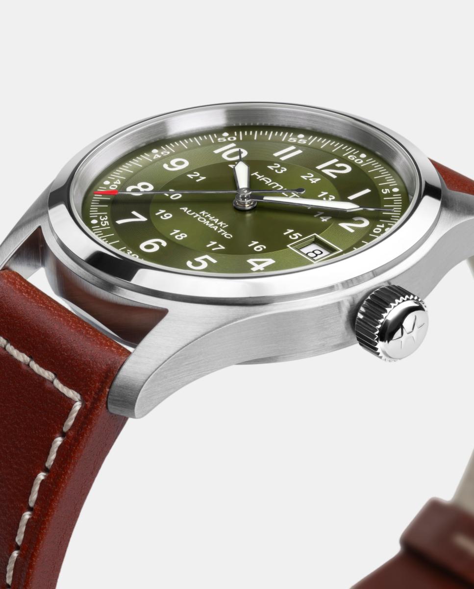 Relógio Homem, Automático, mostrador verde, bracelete em pele castanha 3