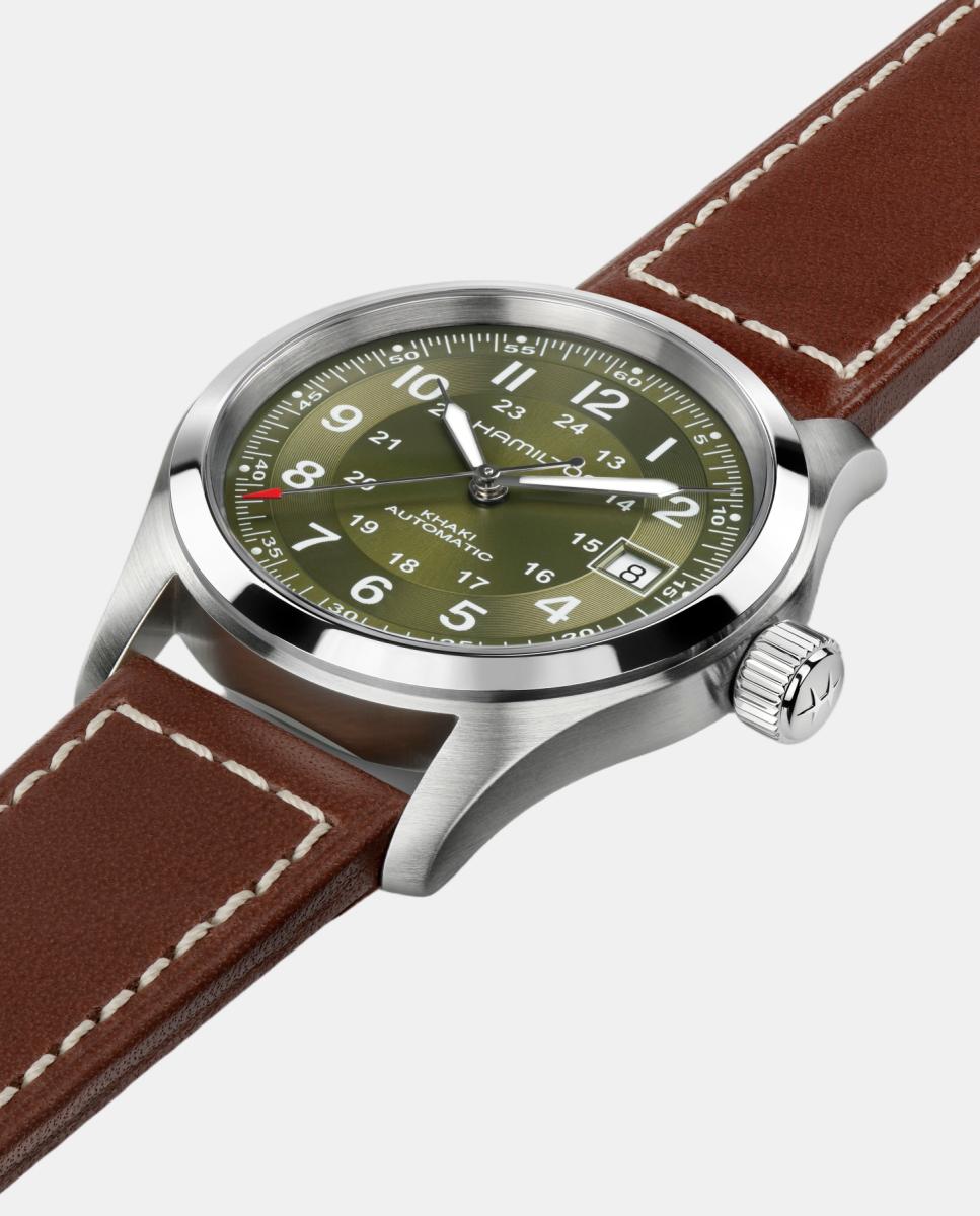 Relógio Homem, Automático, mostrador verde, bracelete em pele castanha 4