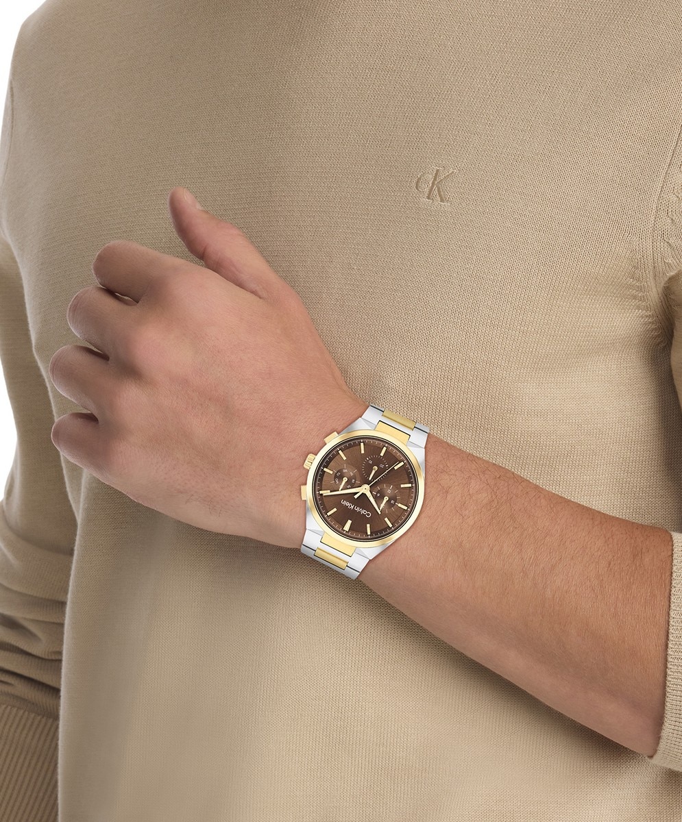 Relógio Multifunções Castanho e Dourado em Aço 2