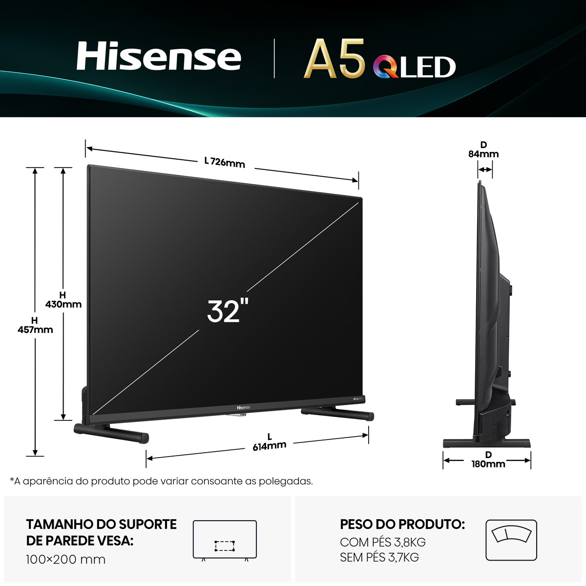 TV QLED Hisense 32" 32A5Q, Smart TV Preto-3