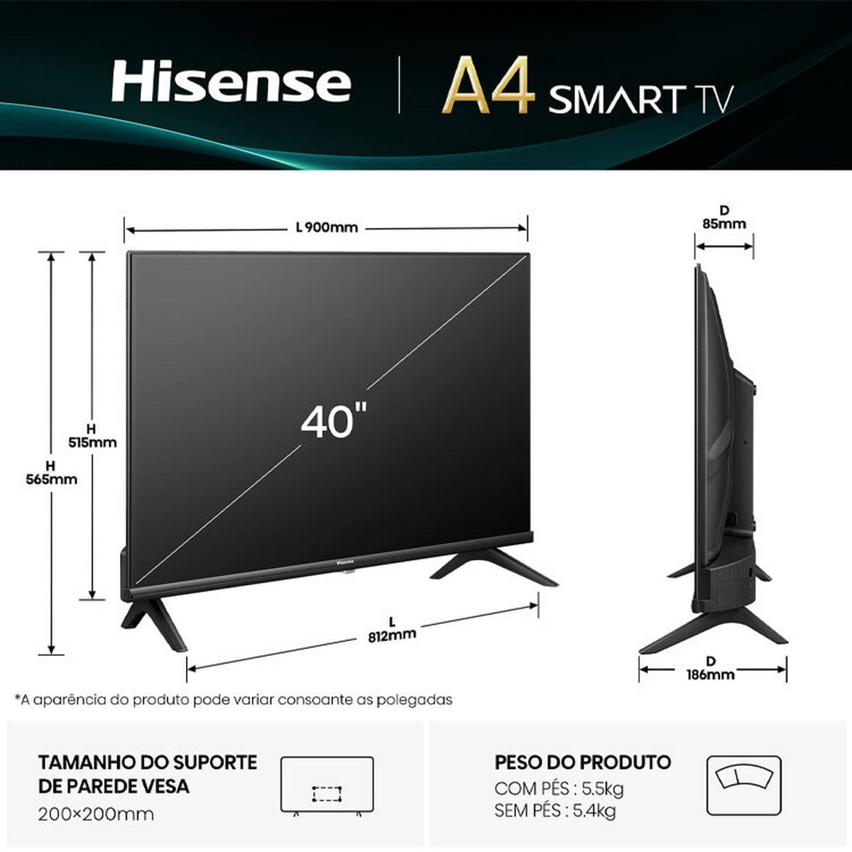 TV LED 40" Hisense 40A4Q, Serie A4Q Smart TV, Sports AI, Dolby DTS HD Sound Preto-2