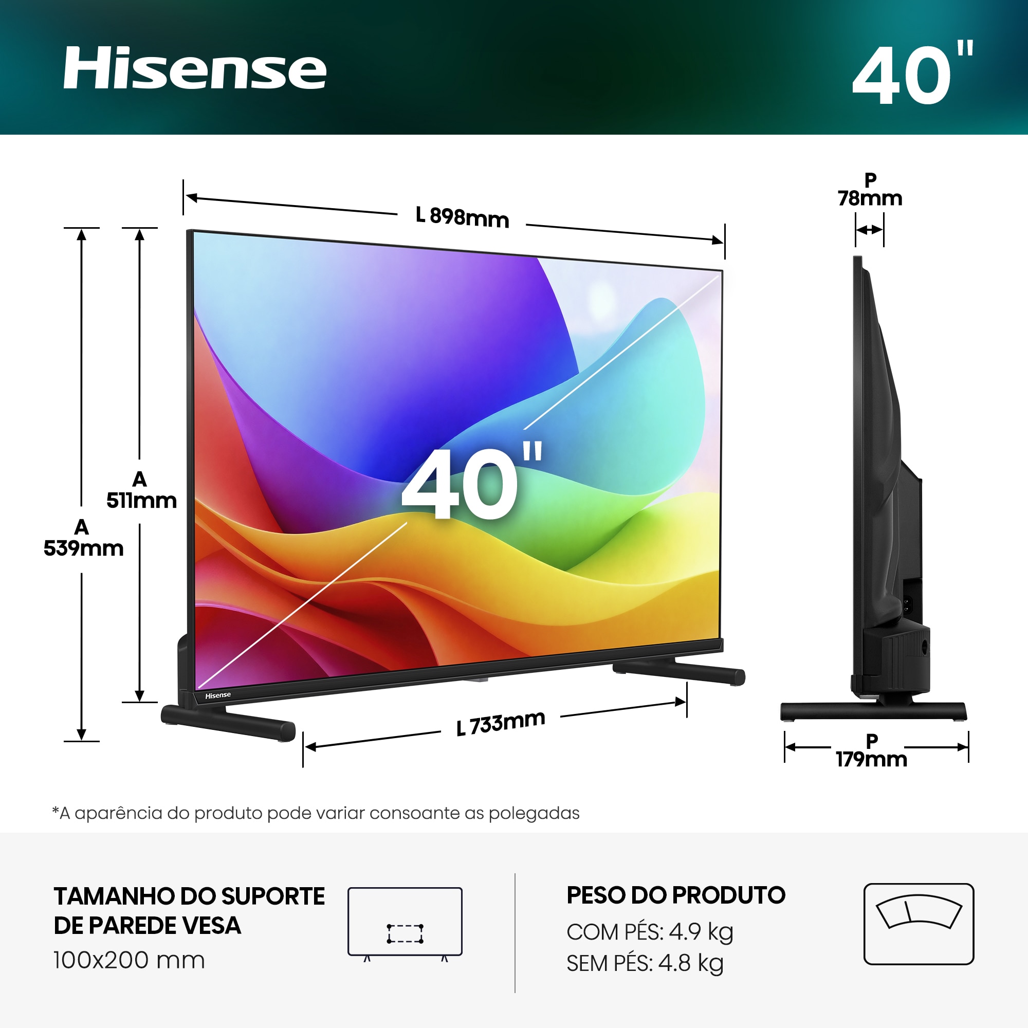 TV HI-QLED 40" (100 cm) Hisense 40A5S Full HD 4K Smart TV com IA Preto-3