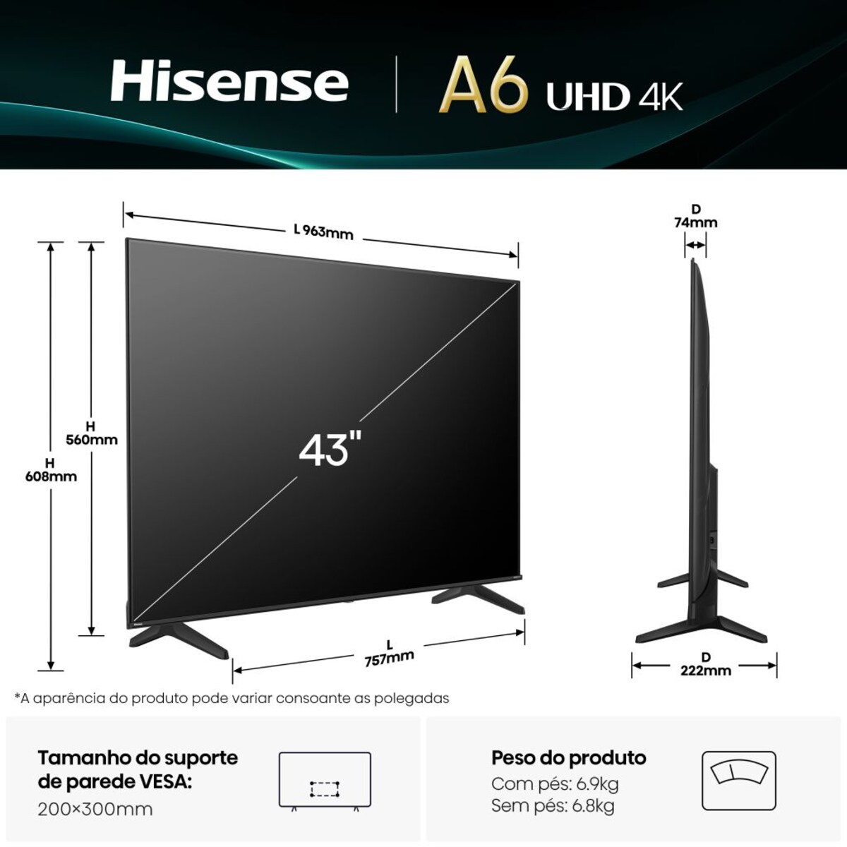 TV LED 43" Hisense 43A6Q, UHD 4K, Smart TV Preto-3