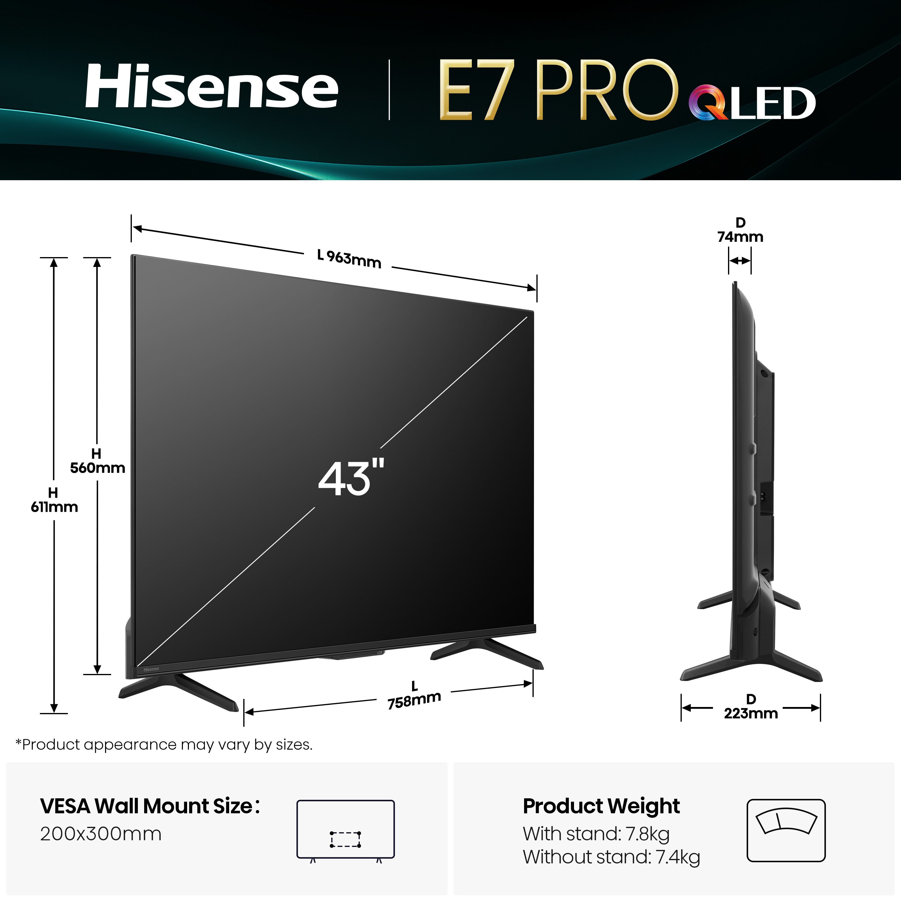 TV QLED 43" (108 cm) Hisense 43E7Q Pro SMT Smart TV Preto-2