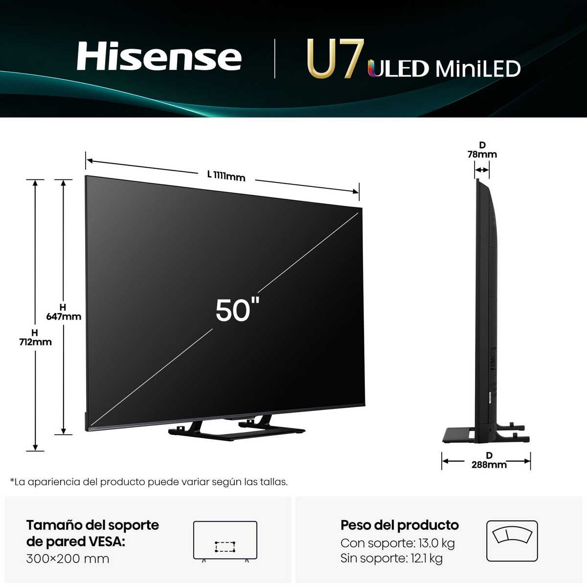 TV MiniLED 50" Hisense 50U7Q, Serie U7Q, UHD 4K, Hi-View IA PRO Preto-2
