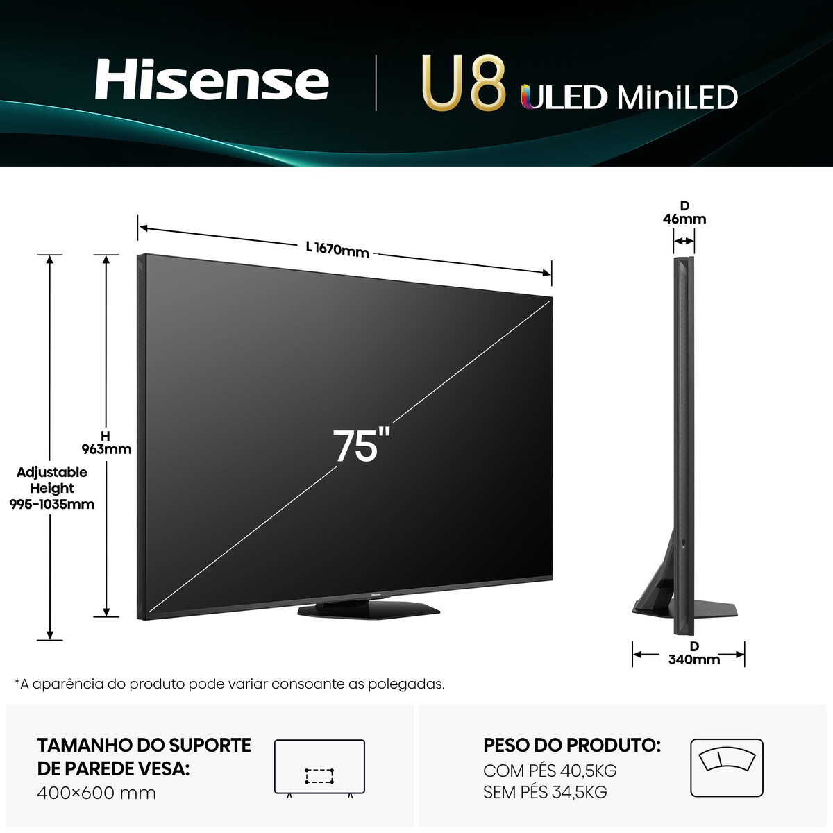TV MiniLED 189 cm (75") Hisense 75U8Q, UHD 4K, Smart TV Alumínio/Cinzento-carvão-2