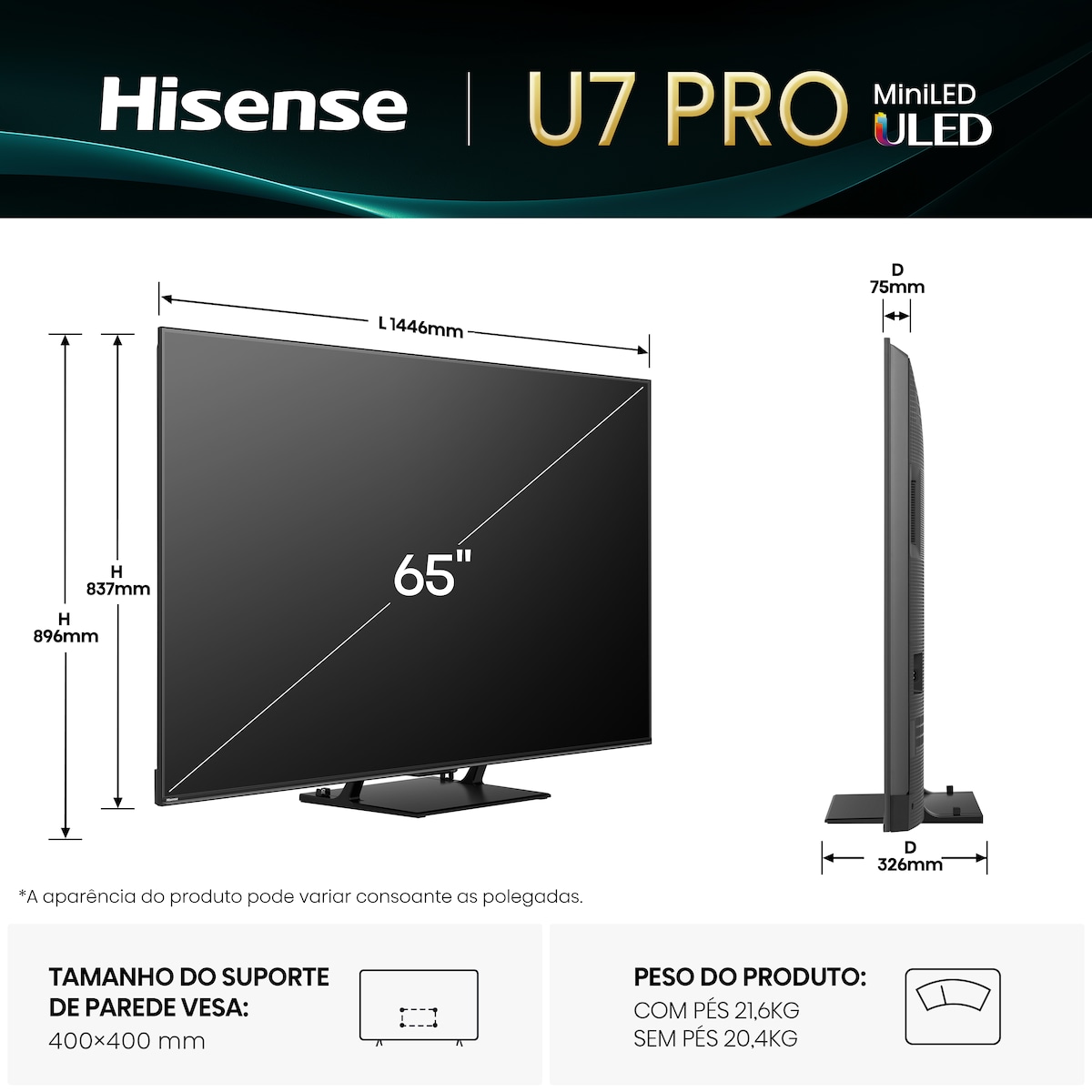 TV MiniLED 164 cm (65") Hisense 65U7Q Pro, UHD 4K, Smart TV Alumínio/Cinzento-carvão-2