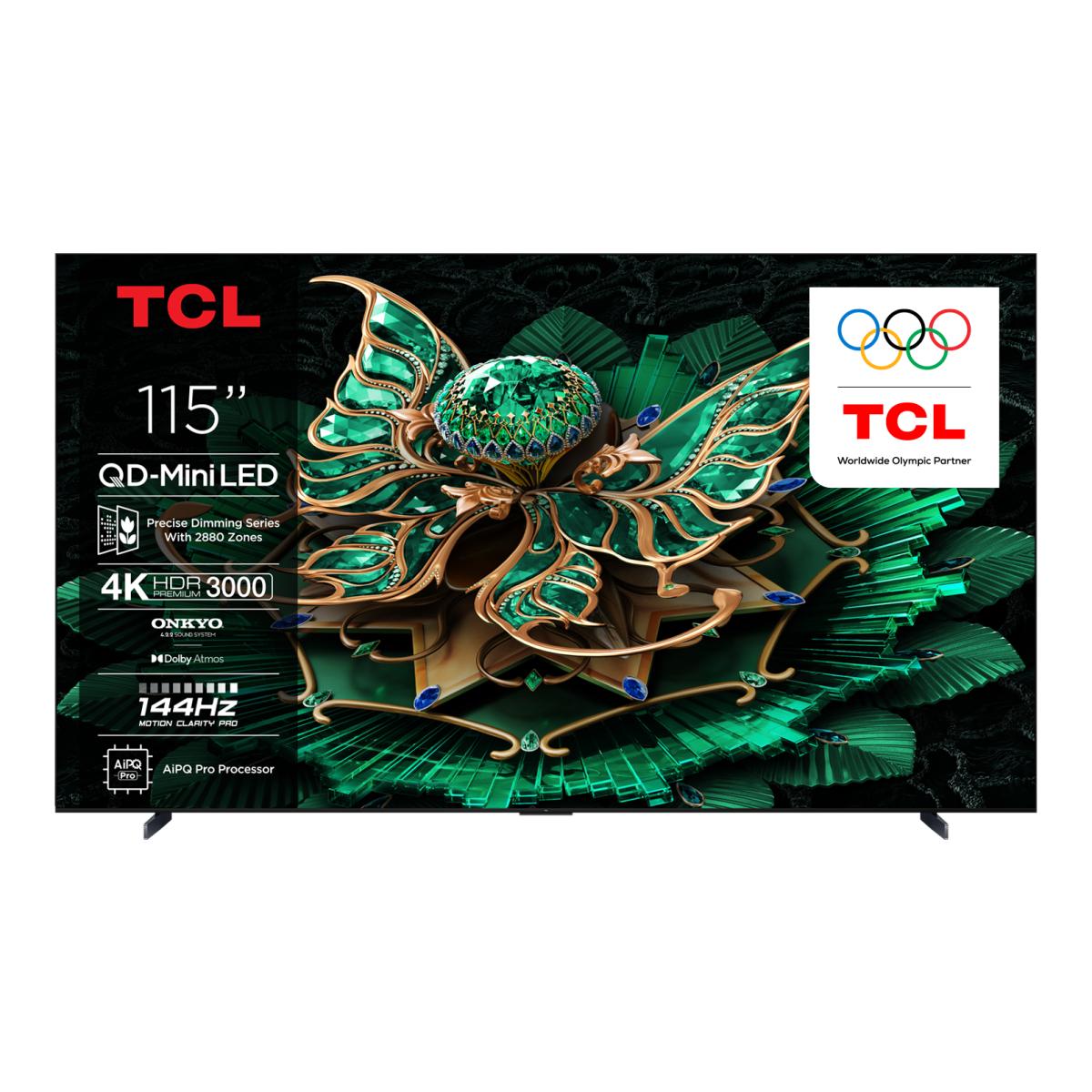 Imagem 0 de TV QD?Mini LED 292,1 cm (115") TCL 115C7K, 4K HDR Premium 3000, Smart TV com Google TV, Controlo por Voz, com Suporte de Parede Incluído