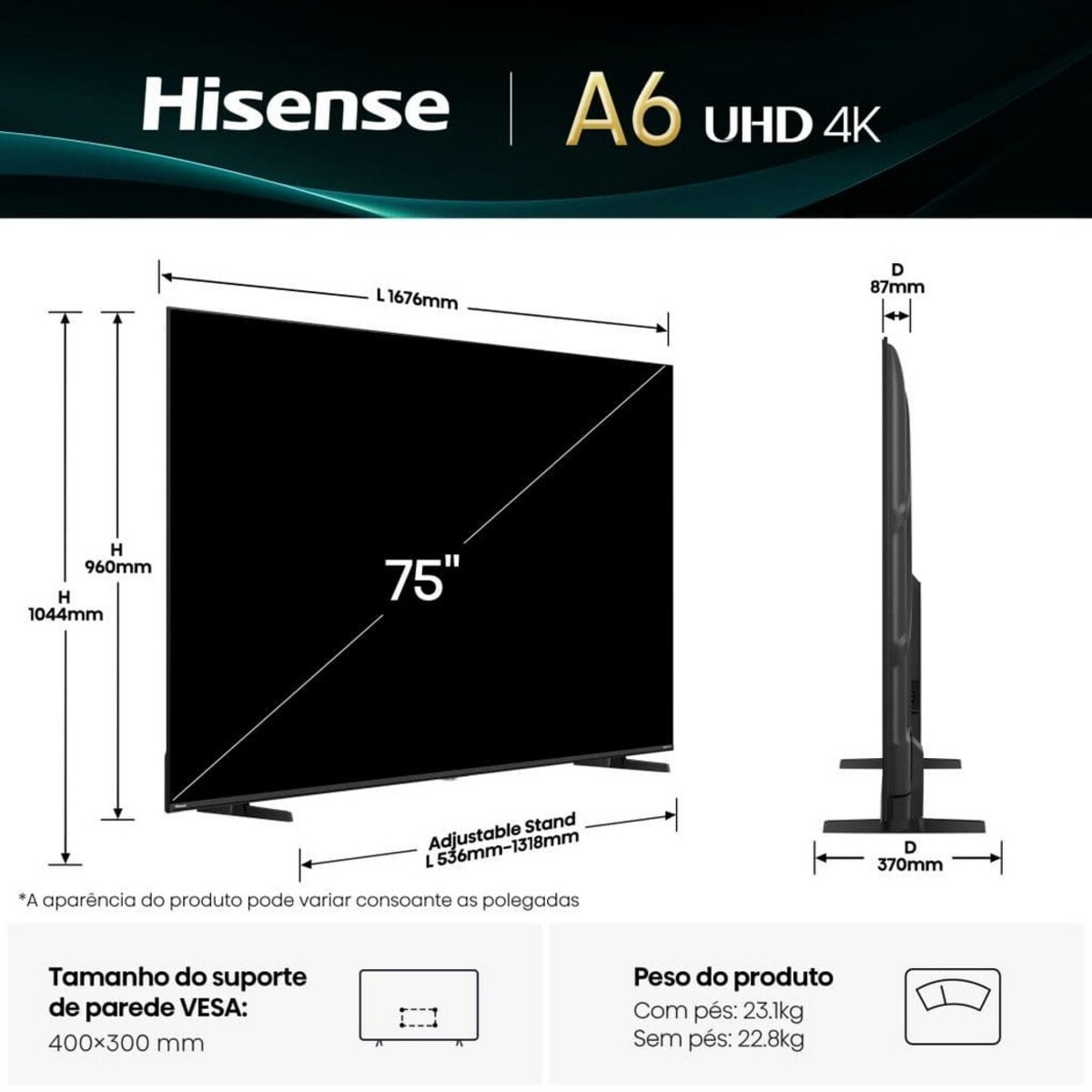 TV LED 75'' Hisense Série A6Q Smart 4K 75A6Q com Dolby Vision Preto-2