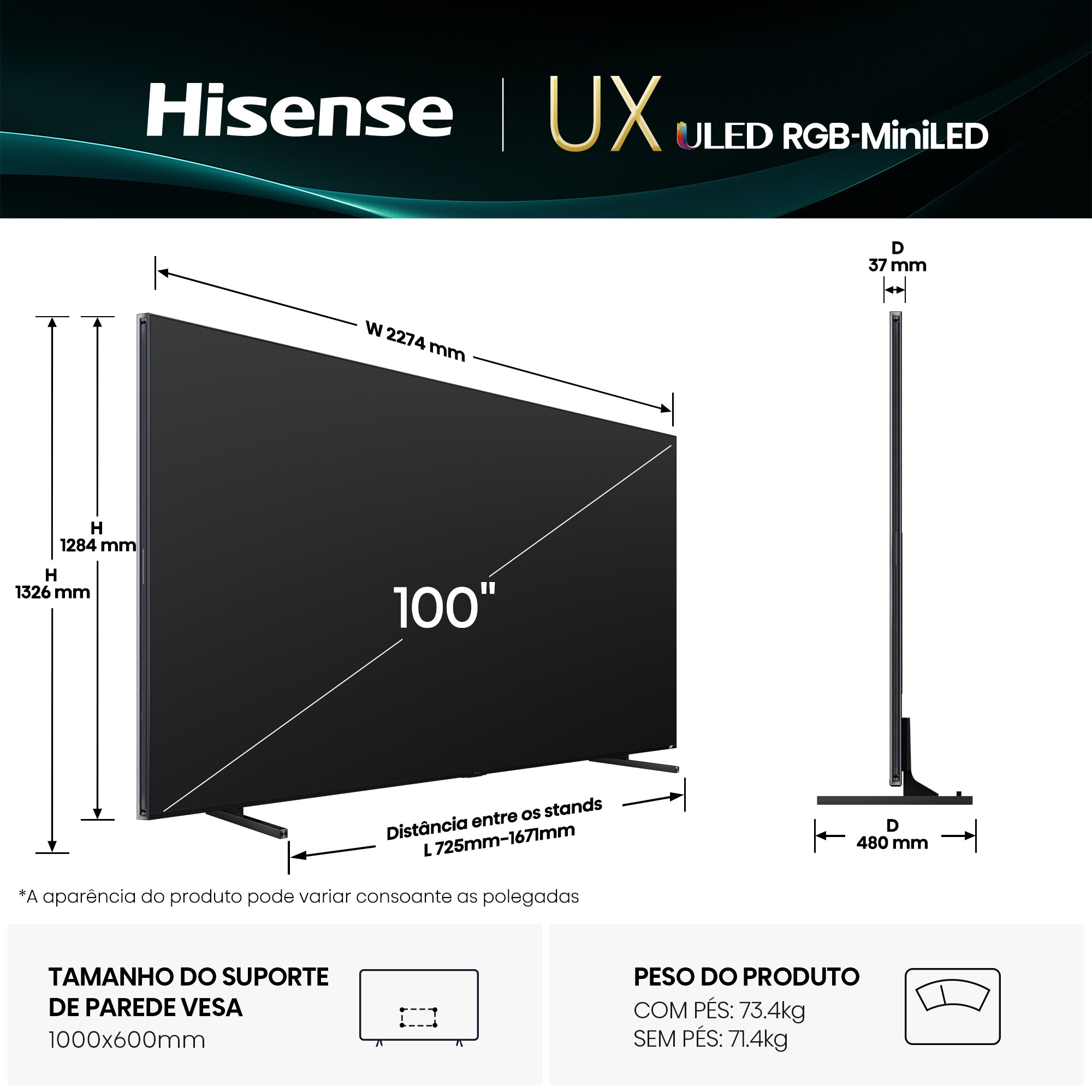 TV Mini LED RGB 100" (253 cm) Hisense 100UXQ, UHD 4K, Smart TV com IA Alumínio/Cinzento-carvão-2