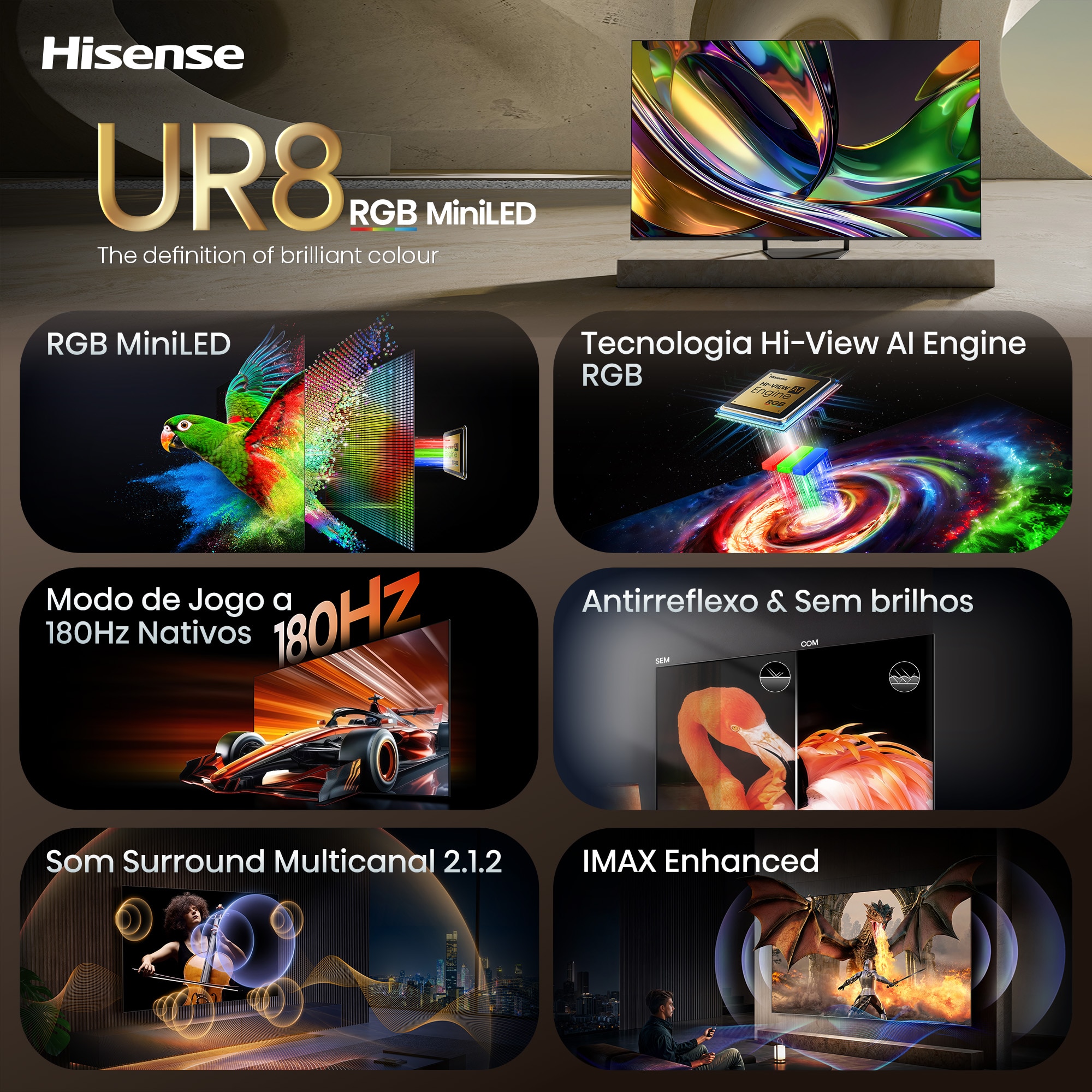 TV RGB Mini LED 85"(215 cm) Hisense 85UR8S UHD 4K Smart TV com IA Alumínio/Cinzento-carvão-4