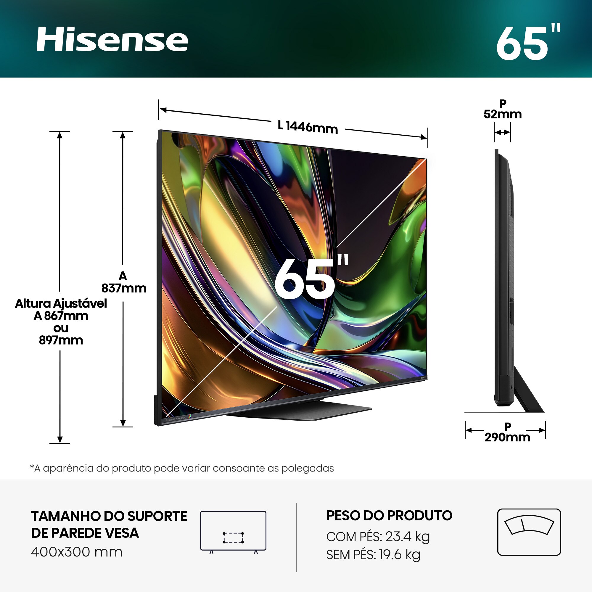 TV RGB Mini LED 65"(164 cm) Hisense 65UR8S UHD 4K Smart TV com IA Alumínio/Cinzento-carvão-2