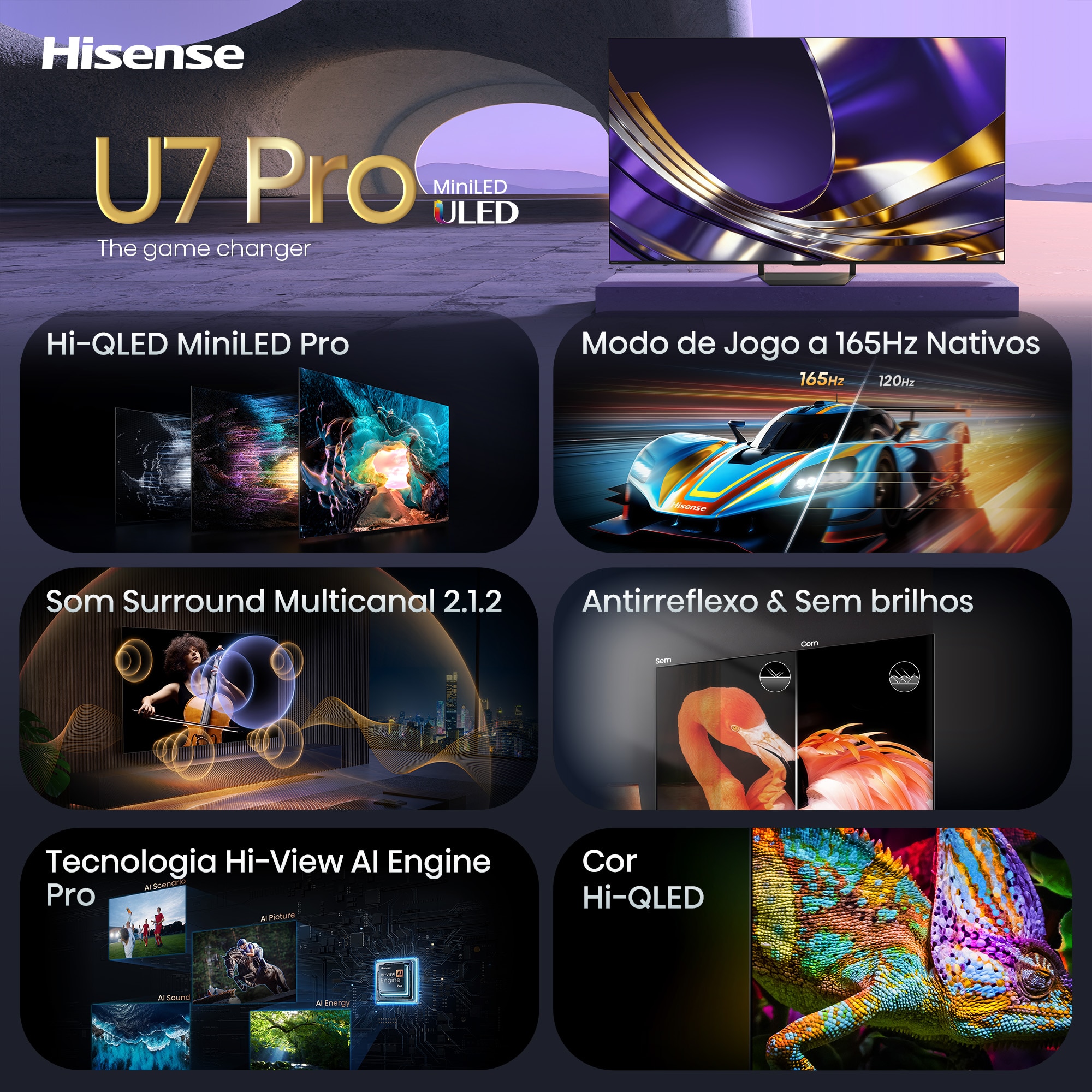 TV Mini LED 85" (215 cm) Hisense 85U7S PRO UHD 4K Smart TV com IA Alumínio/Cinzento-carvão-4