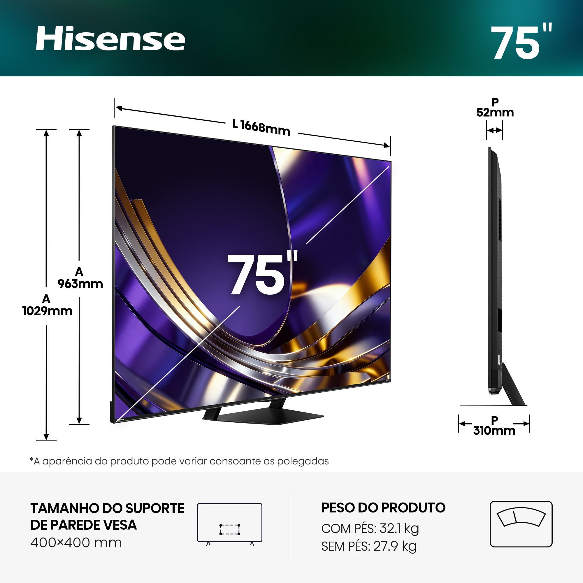 TV Mini LED 75" (189 cm) Hisense 75U7S PRO UHD 4K Smart TV com IA - Alumínio / Cinzento Carvão Alumínio/Cinzento-carvão-3