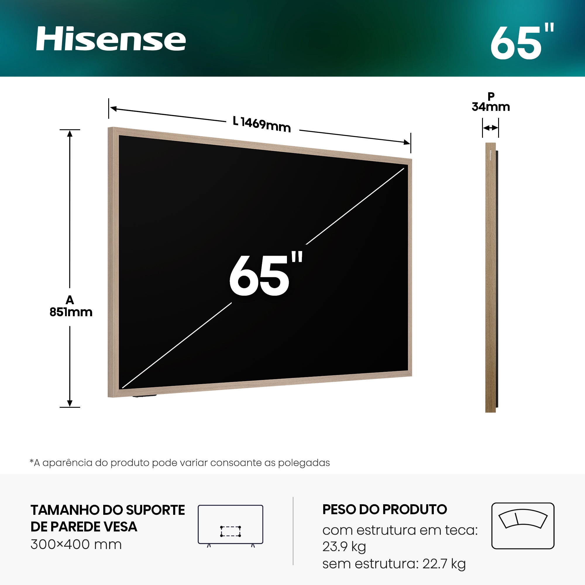 TV HI-QLED Canvas 65" (164 cm) Hisense 65S7S UHD 4K Smart TV com IA Cinzento carvão-3