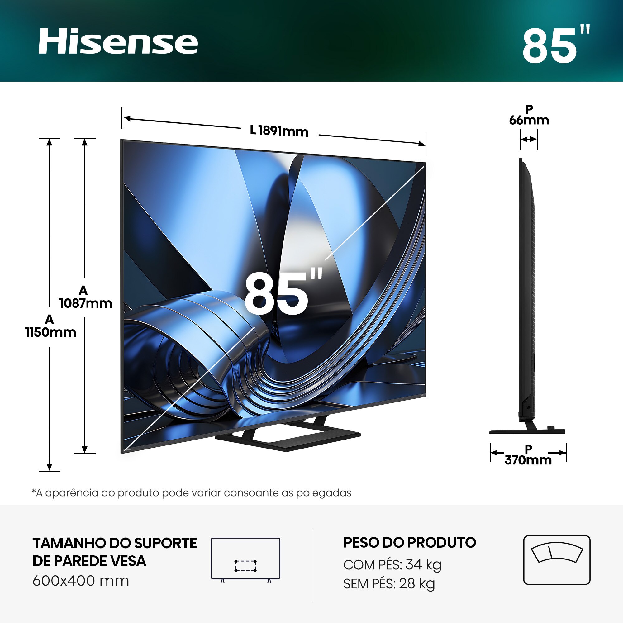 TV Hi-QLED MiniLED 85" (215 cm) Hisense Série U7SE 85U7SE SMT Preto-3