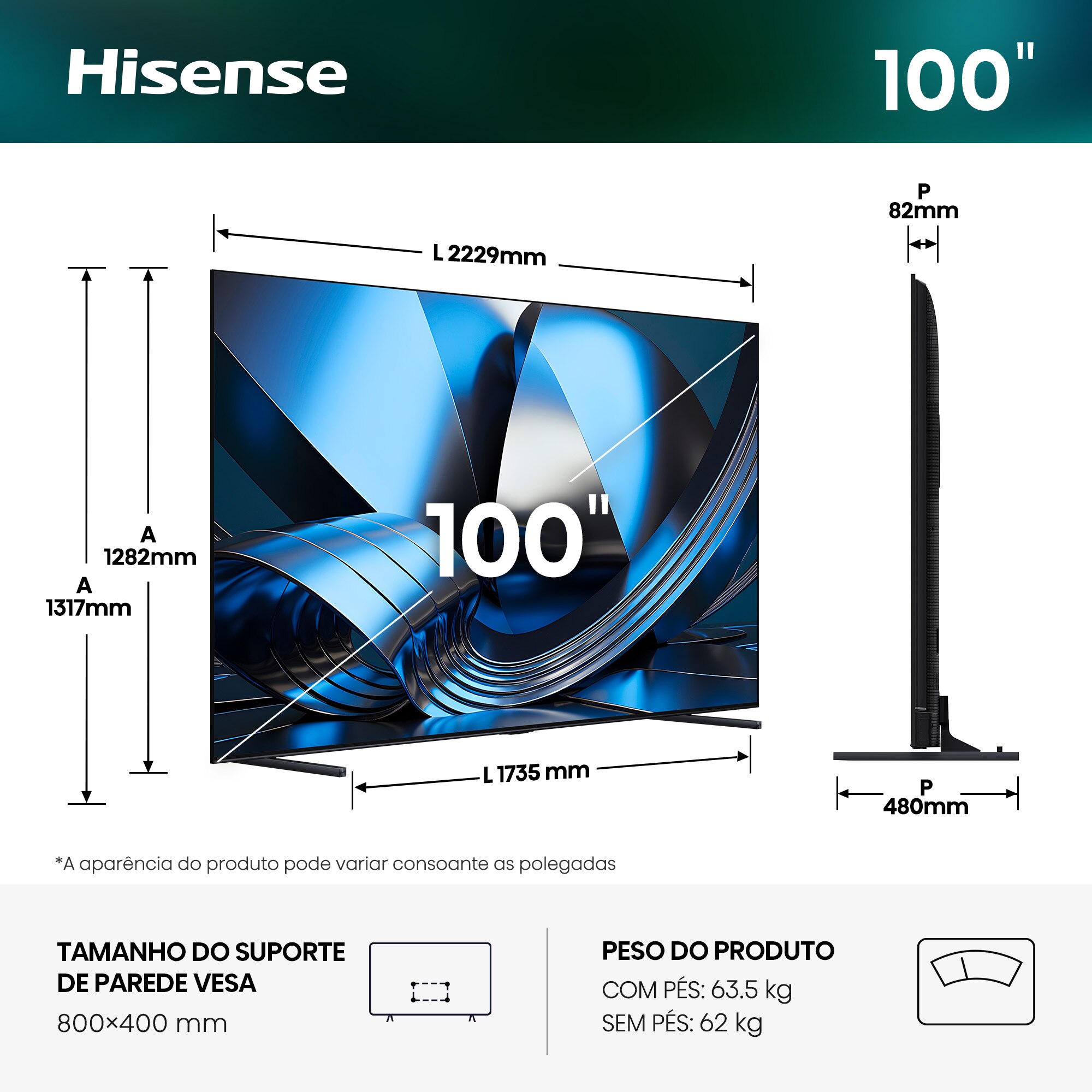 TV Hi-QLED MiniLED 100" (253 cm) Hisense Série U7SE 100U7SE SMT Preto-3