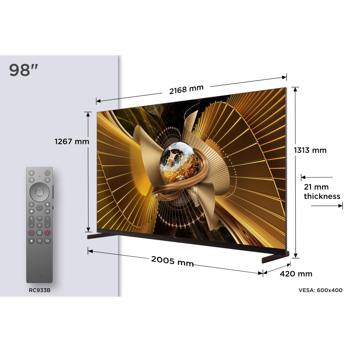 TV SQD-MiniLED 98" (248 cm) TCL 98X11L, 4K UHD, 10000 Nits, Smart Google TV, 144Hz, Dolby Vision & Atmos, Audio by Bang & Olufsen Aço escuro-3