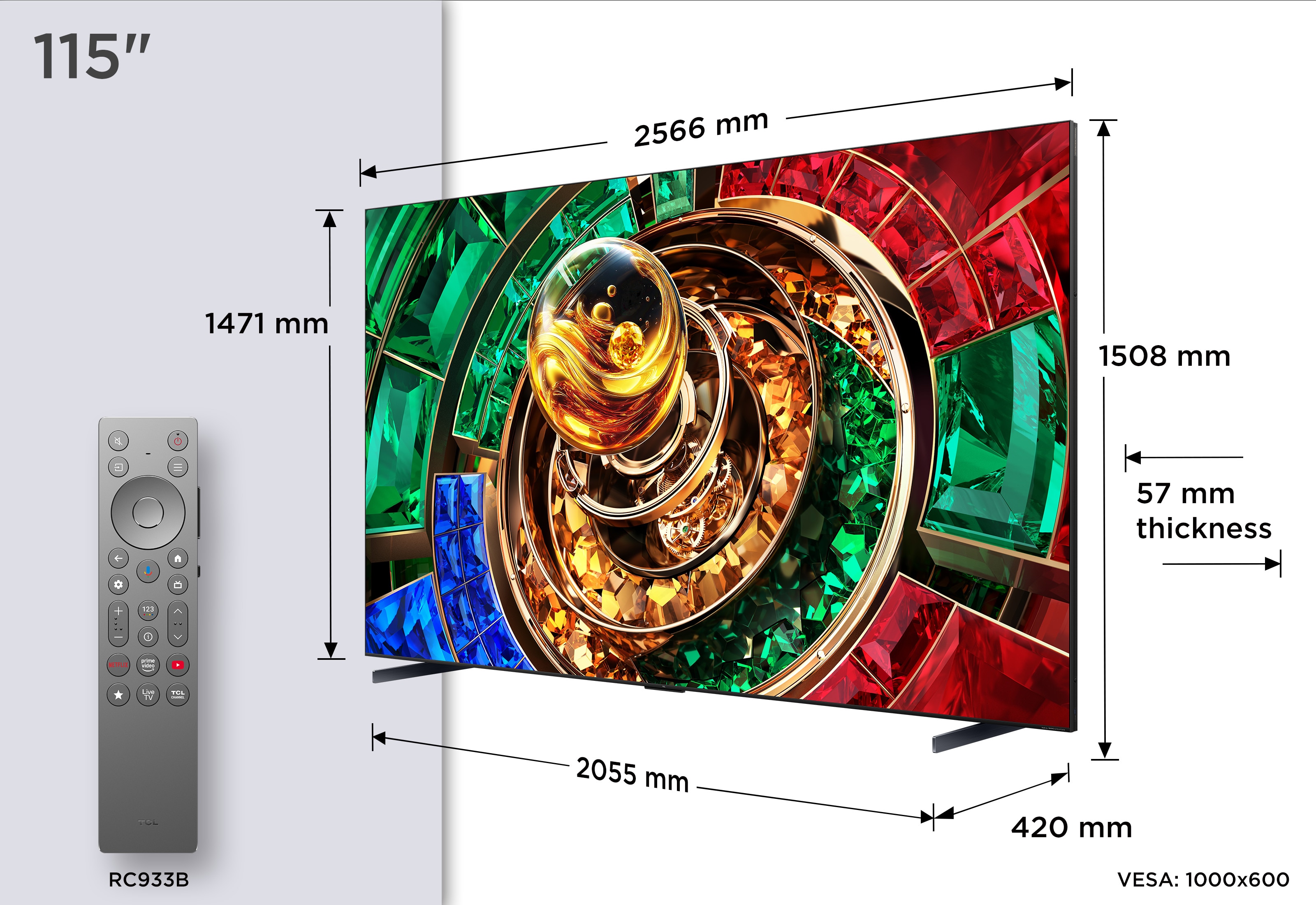 TV RGB-MiniLED 115" (291 cm) TCL 115RM9L, 4K HDR 9000 nits, Google TV, Dolby Vision IQ & Atmos, Áudio da Bang & Olufsen, 144 Hz.- Aço Escuro Aço escuro-2