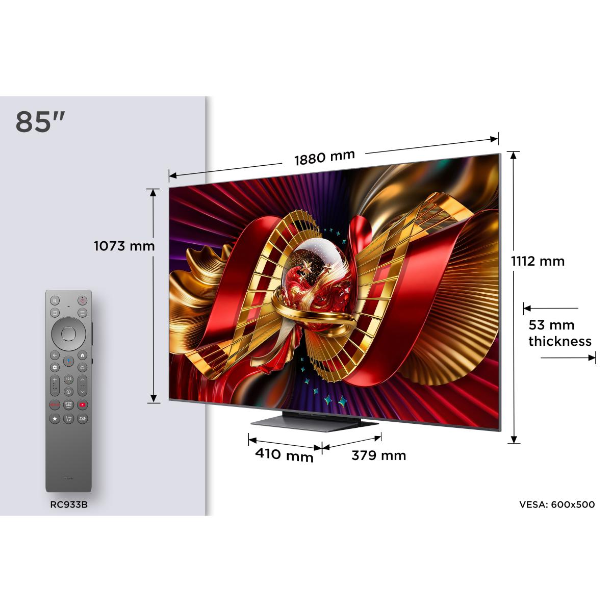 TV SQD-MiniLED 85" (215cm) TCL 85C8L, 4K HDR 6000 Nits, Google TV, 144Hz, Dolby Vision & Atmos, Audio by Bang & Olufsen Aço escuro-2