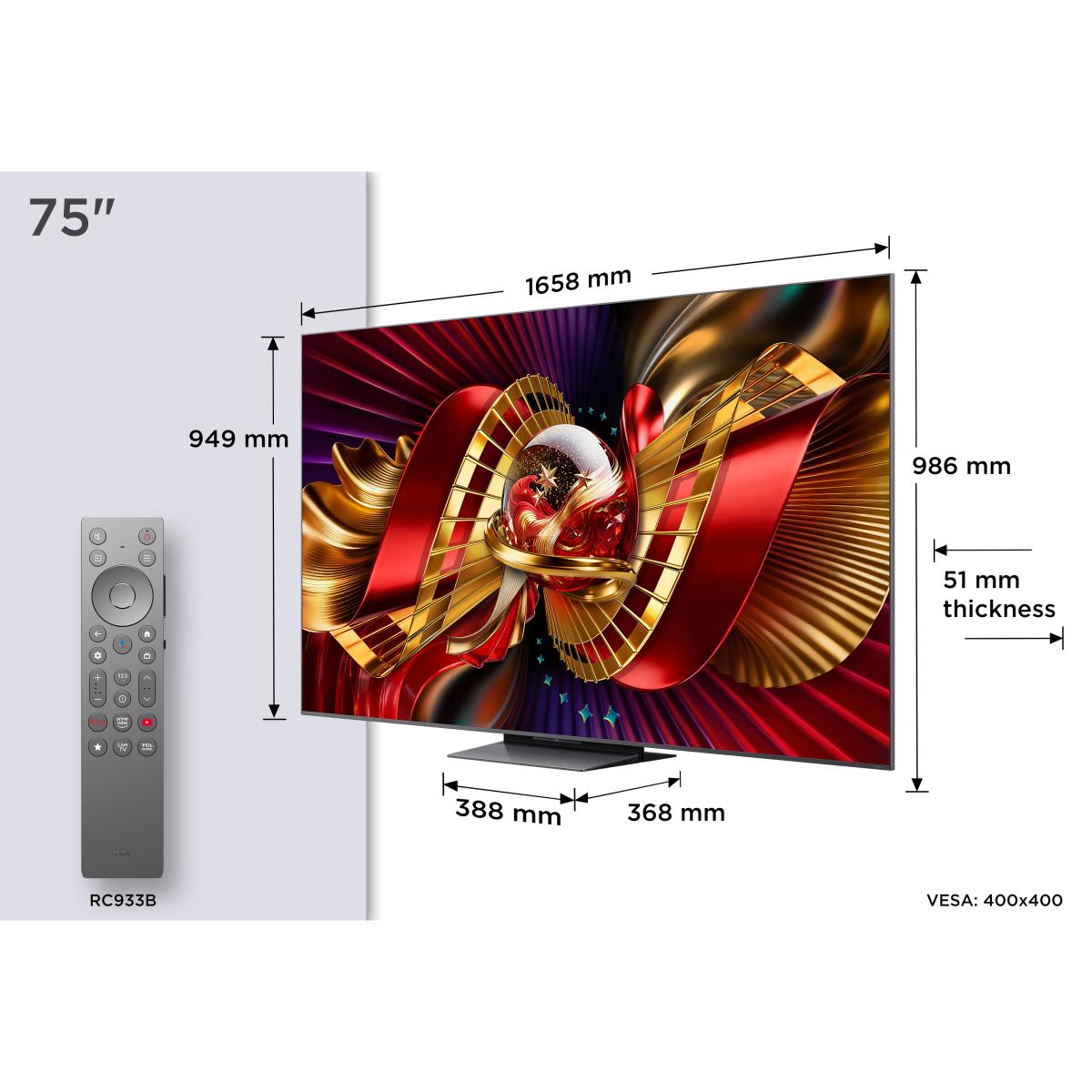 TV SQD-MiniLED 75" (189 cm), TCL 75C8L, 4K HDR 5500 nits, Google TV, 144 Hz, Dolby Vision & Atmos, Áudio da Bang & Olufsen - Aço Escuro Aço escuro-2