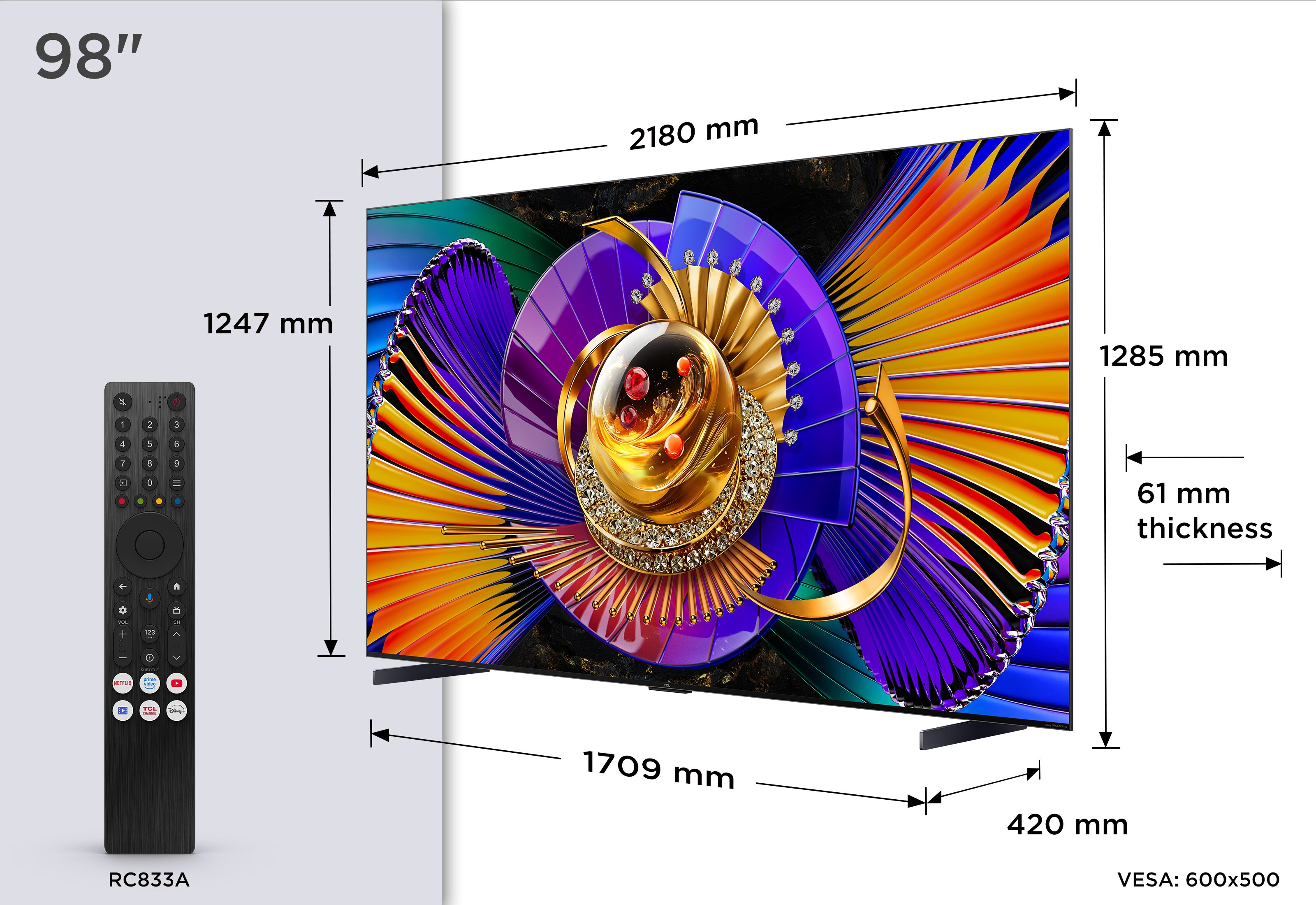 TV SQD-MiniLED 98" (248 cm) TCL 98C7L, 4K HDR 3000 nits, Google TV, 144 Hz, Dolby Vision & Atmos, Áudio da Bang & Olufsen - Aço Escuro Aço escuro-2