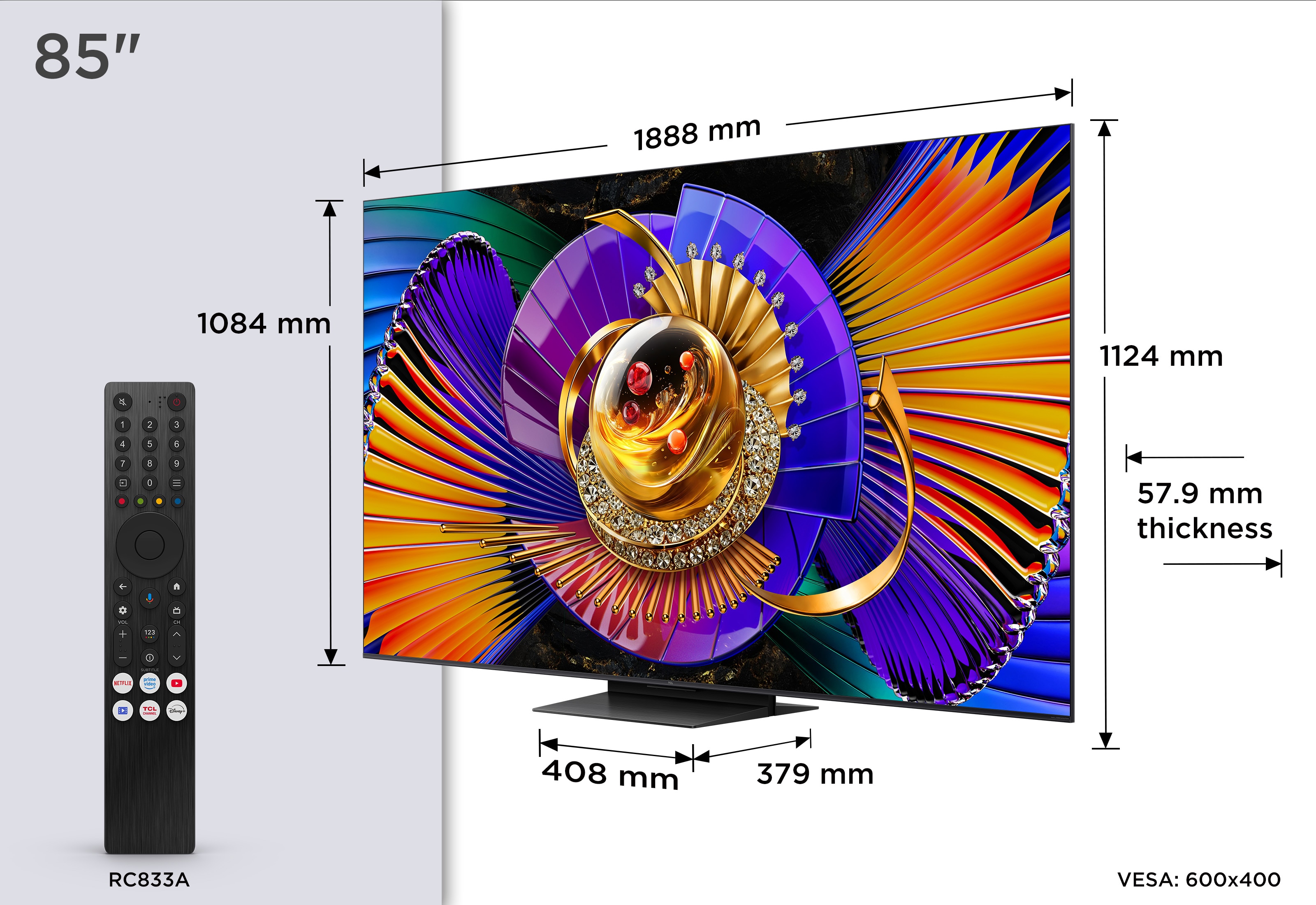 TV SQD-MiniLED 85" (215cm) TCL 85C7L, 4K HDR 3000 Nits, Google TV, 144Hz, Dolby Vision & Atmos, Audio by Bang & Olufsen Aço escuro-2