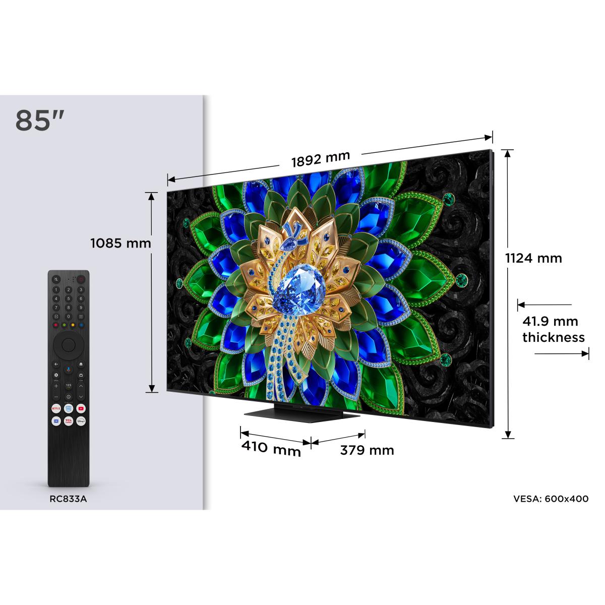TV QD-MiniLED 85" (215 cm) TCL 85A400U, 4K HDR 2500 nits, Google TV, Dolby Vision IQ e Atmos, 2.0 Onkyo, 144 Hz, AirPlay 2 - Aço Escuro Aço escuro-2