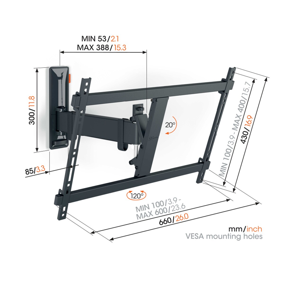 Suporte de Parede Giratório Vogel's TVM 3625 para TV de 40" a 77" até 35 kg Preto-7