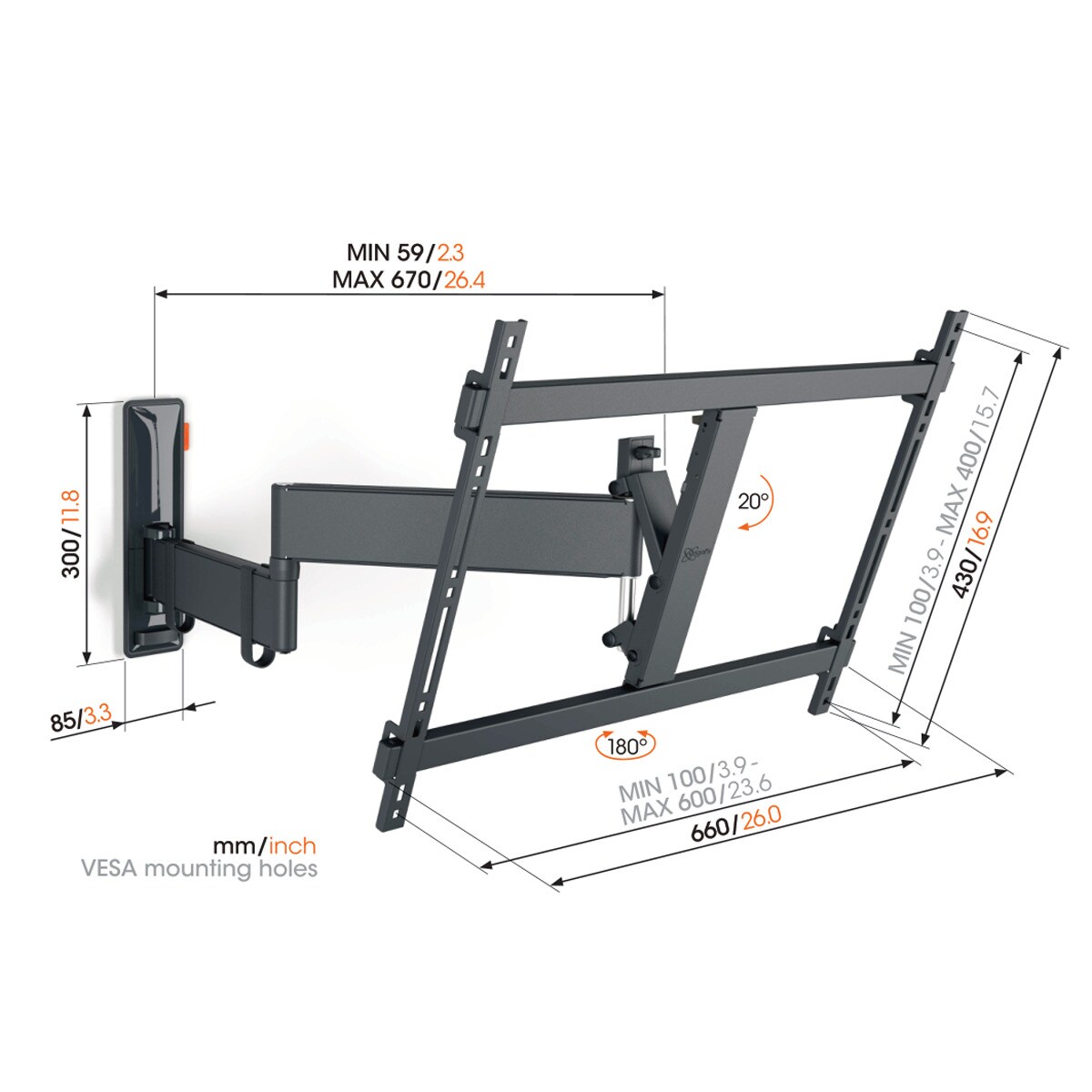 Suporte de Parede Giratório até 180º Vogel's TVM 3645 para TV de 40" a 77" até 35 kg Preto-5