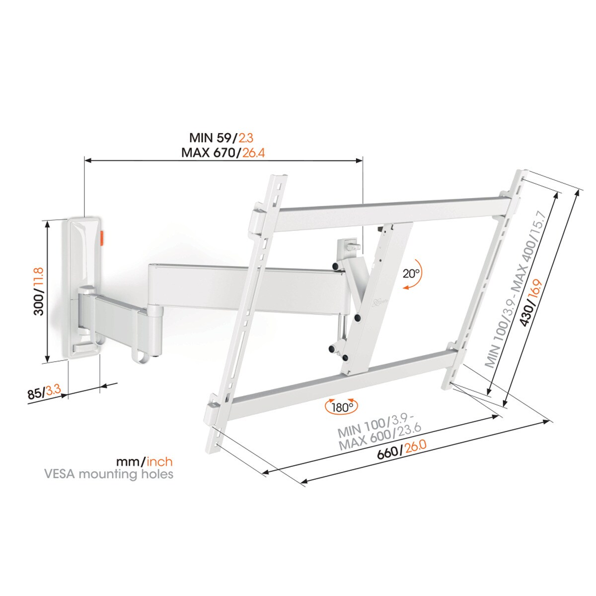 Suporte de Parede Giratório Até 180º Vogel's TVM 3645 para TV de 40" a 77" até 35 kg - Branco Branco-6