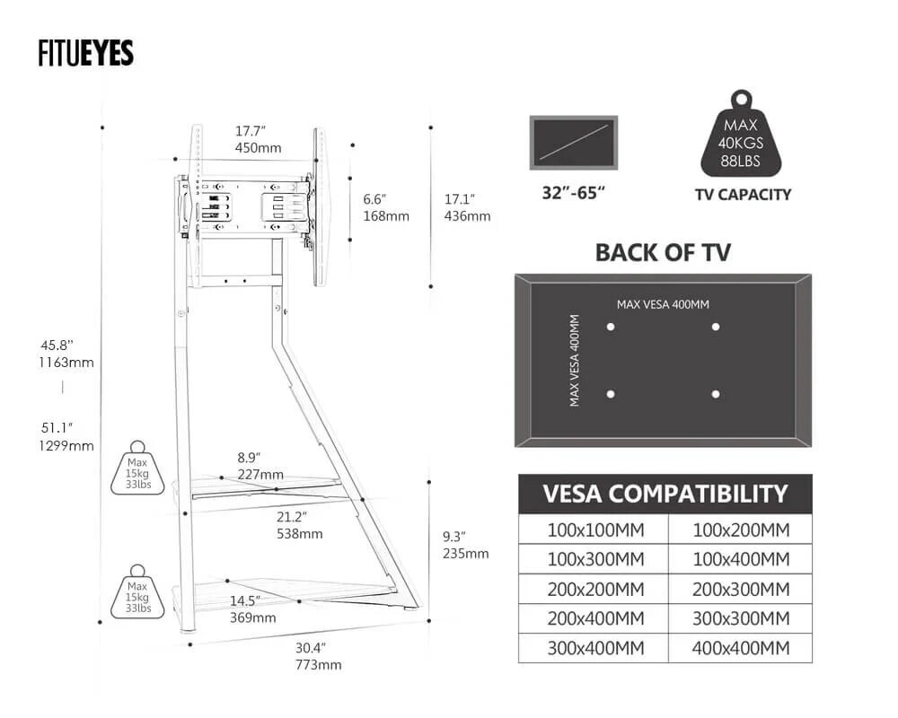 Suporte de Chão para Televisão Eiffel FT65 com Rodas Nogueira 10