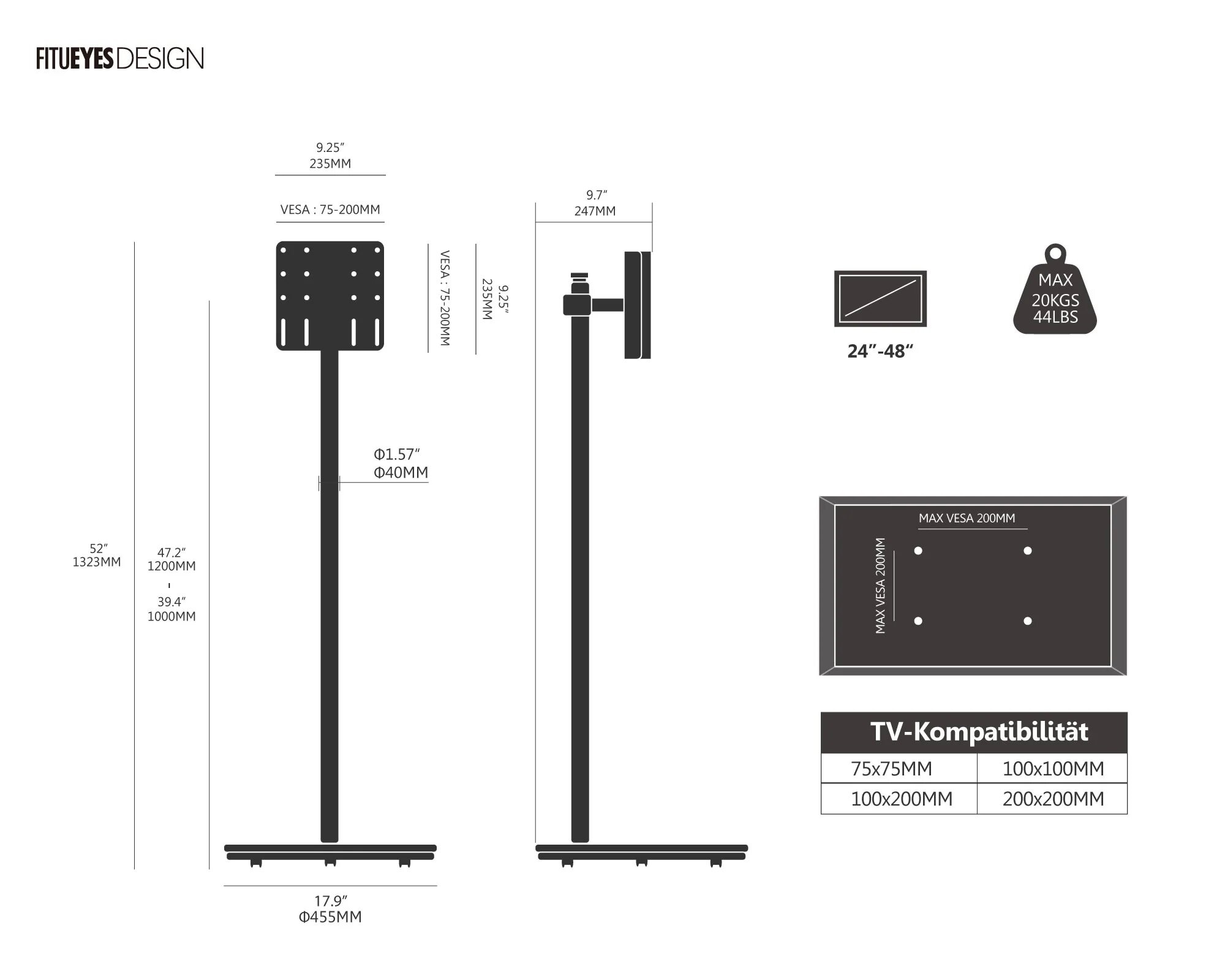 Suporte de Chão para TV Fitueyes Master V2 PRO FT48 com Rodas - Nature Nature-8