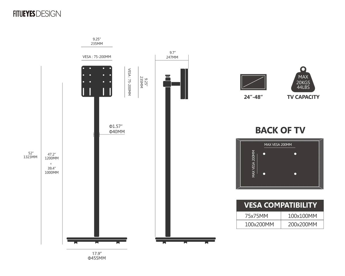 Suporte de Chão para TV Fitueyes Master V2 PRO FT48 com Rodas - Preto Preto-10
