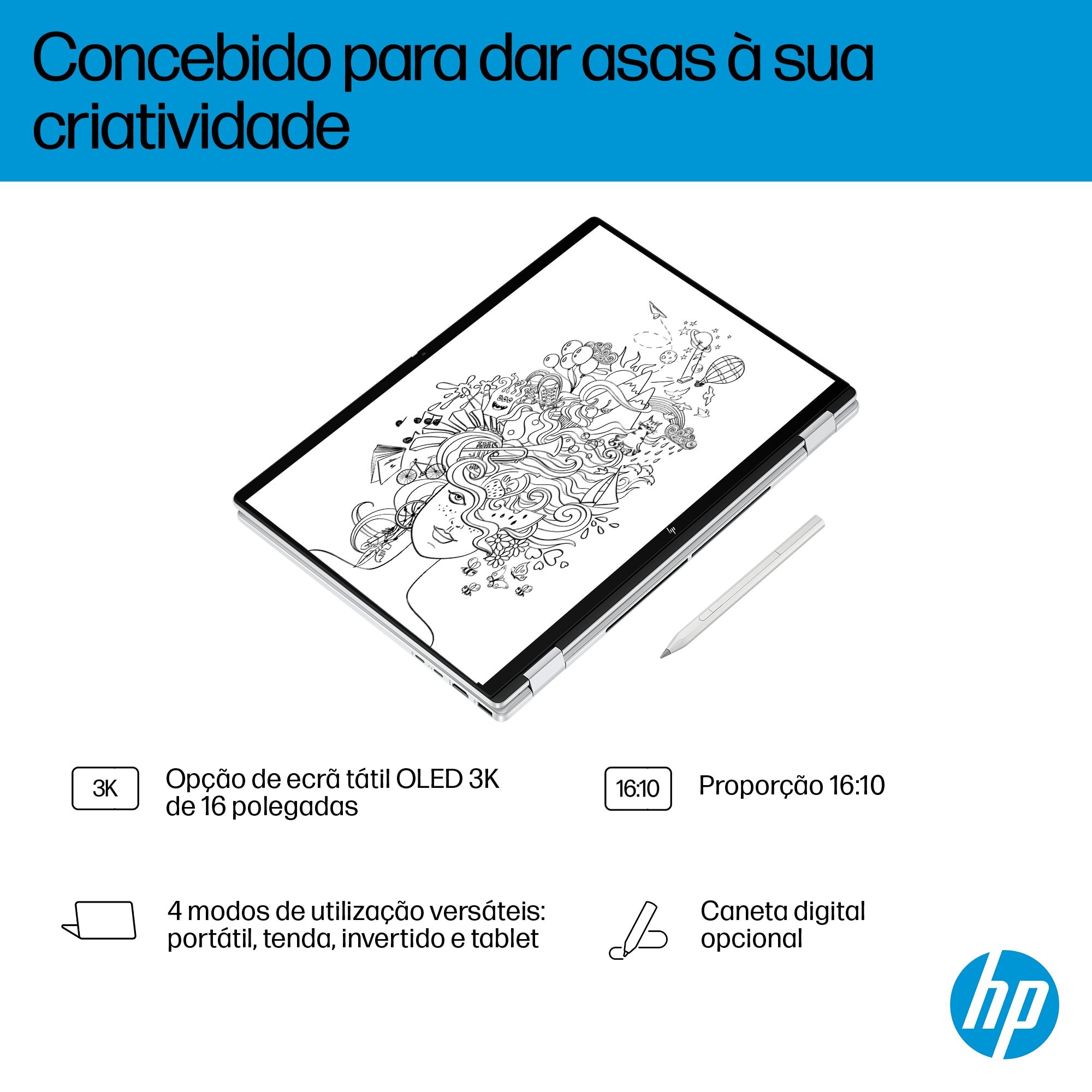 Computador Portátil 2 em 1 HP OmniBook X FlipNGAI 16-as0006np, Ultra 7-258V (8C), Intel Arc 140V GPU, RAM 32GB, 2 TB, com PEN, Microsoft Modern - Prata Glaciar Prateado Glaciar-14