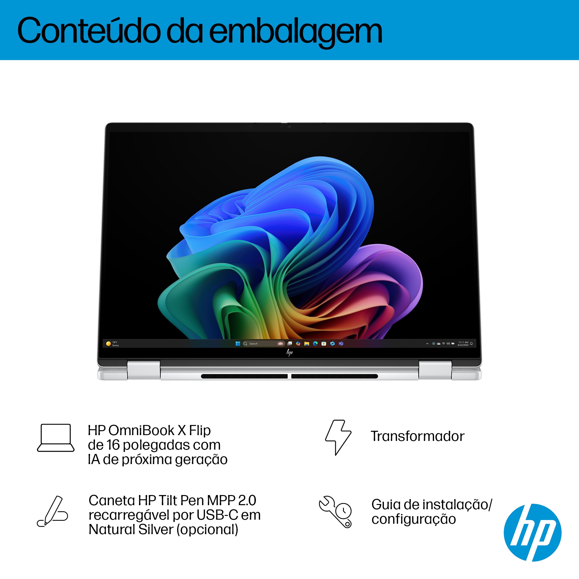 Computador Portátil HP OmniBook X FlipNGAI Flip 2-in-1 Laptop Next Gen AI 16-as0003np Copilot+ PC Intel Core Ultra 7 256V 40,6 cm (16") Ecrã Táctil 2K 16GB LPDDR5x-SDRAM 1TB SSD Wi-Fi7 (802.11be) W11H Silver-12