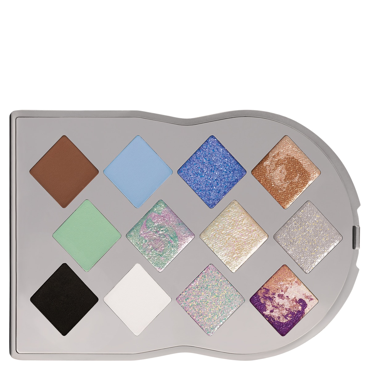 Eye Dare You! Beyond Paleta de Sombras 01 Bot - Matte Brown 02 Hack - Matte Periwinkle 03 Avatar - Shimmer Blue 04 Rewired - Duo Melange Bronze 05 Sync - Matte Mint 06 Pixel - Duo Melange Blue 07 AI - Iridescent Opal 08 Voltage - Metallic Silver 09 Override - Demi-Matte Black 10 Cloud - Matte White 11 Matrix - Iridescent Lilac 12 Glitch - Trio Melange Purple-2