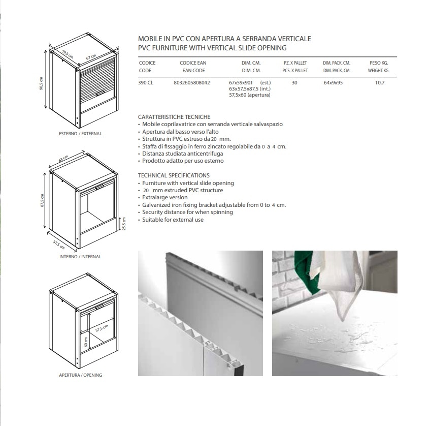 Armário PVC com Porta Enrolável Vertical para Máquina de Lavar Branco-2