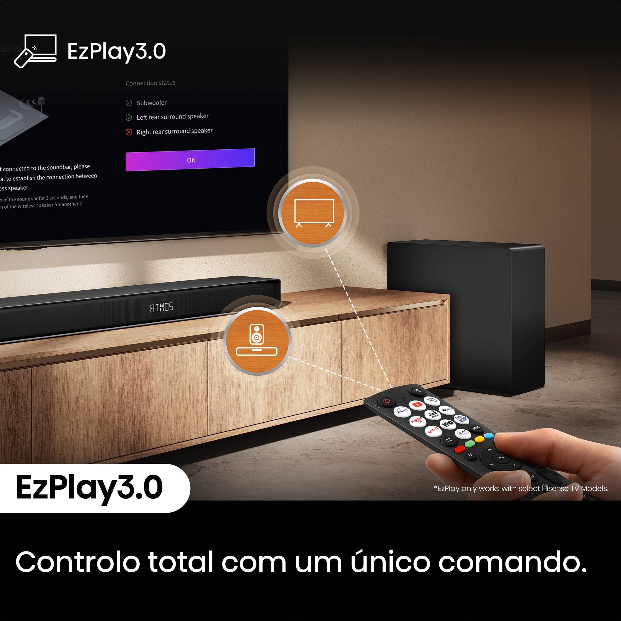 Recondicionado - Grade B - Barra de Som Hisense AX5140Q, Dolby Atmos 5.1.4, 600W, Subwoofer Sem Fios com Colunas Traseiras Preto-9
