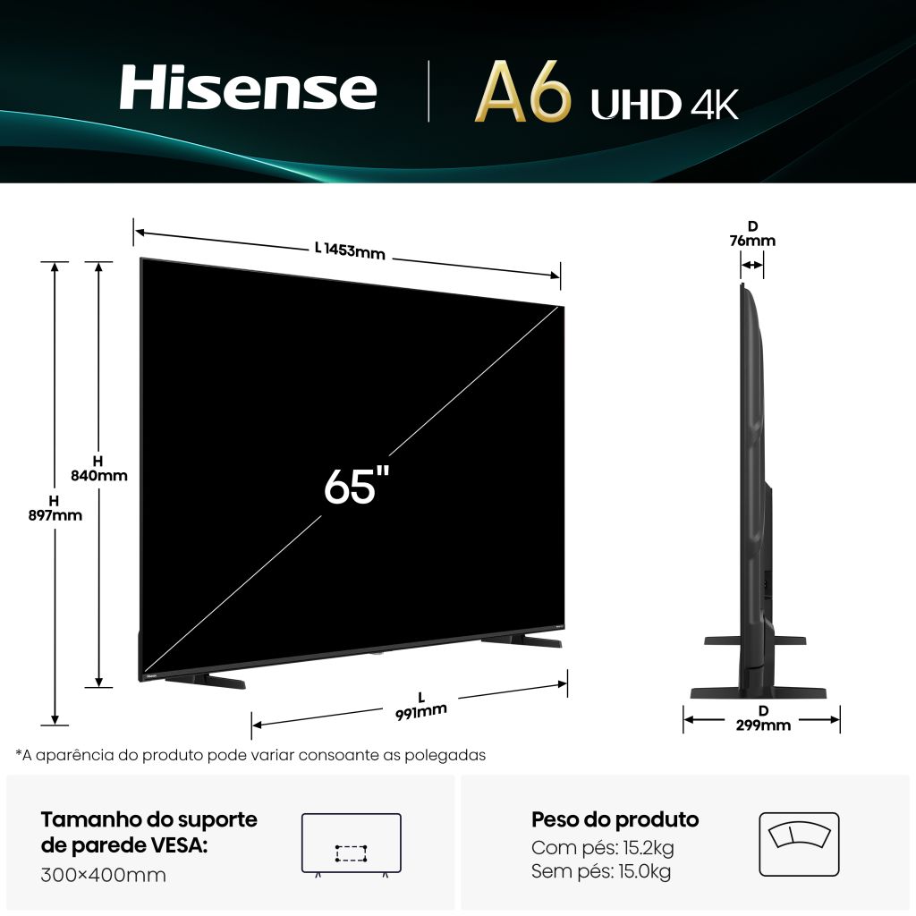 Recondicionado - Grade A - TV LED 65" Hisense 65A6Q, UHD 4K, Smart TV Preto-2