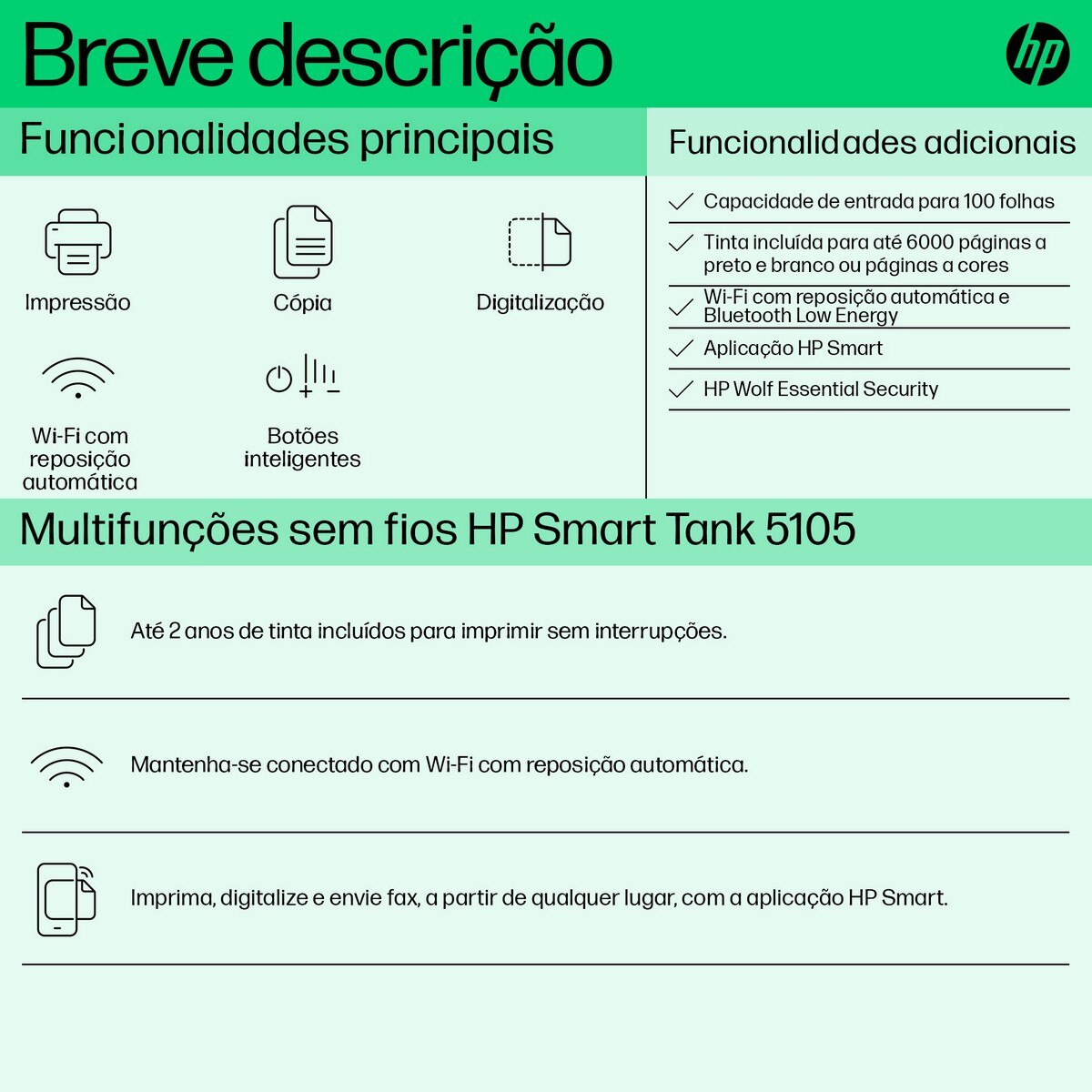 Impressora HP Smart Tank 5105 Reservatório de Tinta de Elevada Capacidade, Multifunções, Jato de Tinta e Wi-Fi 2